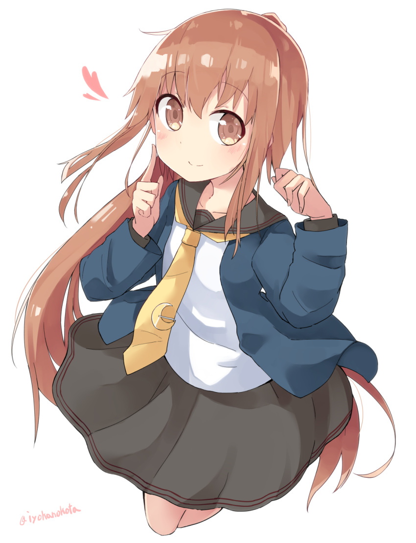 10s 1girl black_sailor_collar black_skirt blue_jacket brown_eyes brown_hair commentary_request crescent crescent_moon_pin finger_to_cheek fumizuki_(kantai_collection) heart highres index_finger_raised jacket kantai_collection long_hair long_sleeves looking_at_viewer neckerchief okota_mikan ponytail remodel_(kantai_collection) school_uniform serafuku shirt simple_background skirt smile solo twitter_username white_background white_shirt yellow_neckerchief