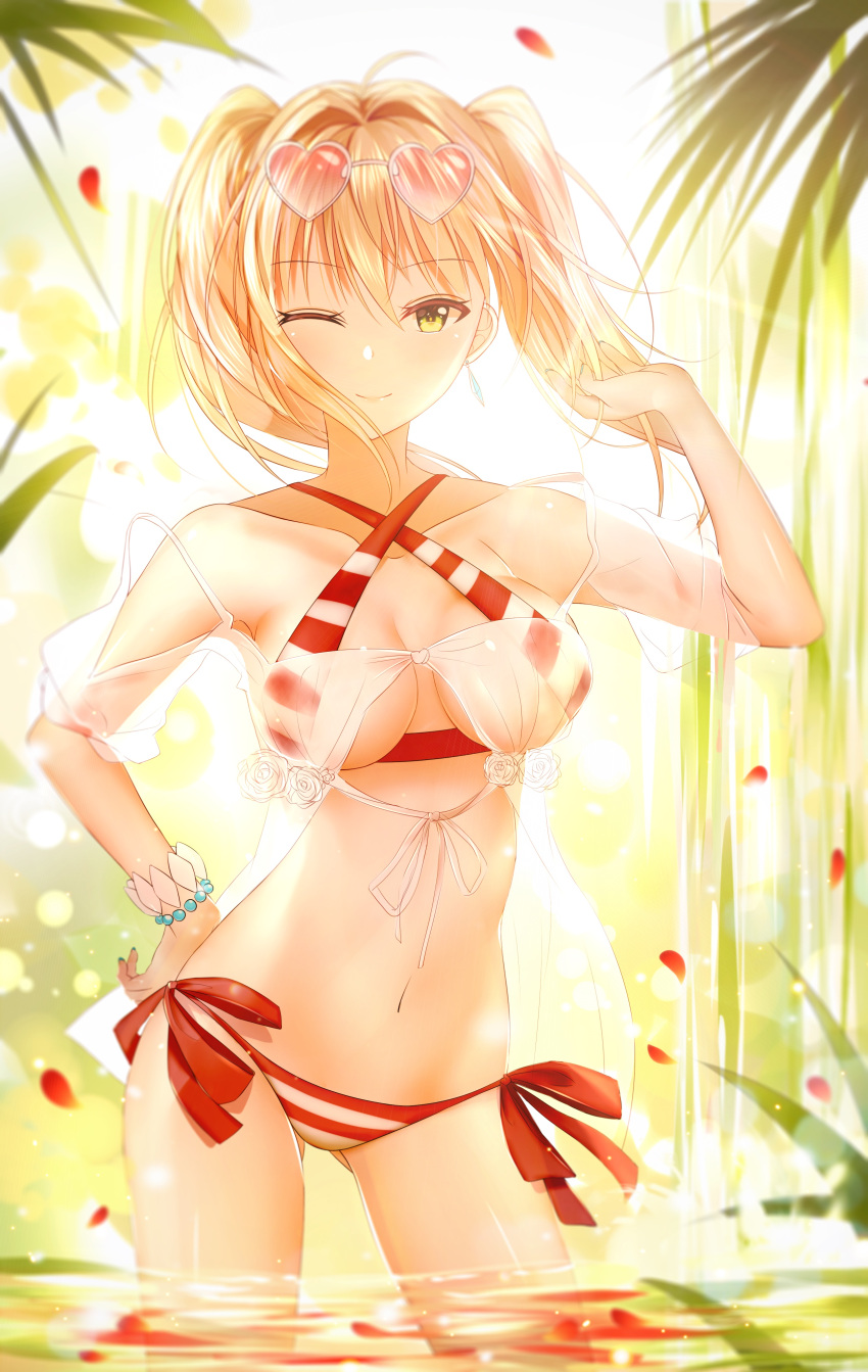 1girl ;) absurdres ahoge bikini blonde_hair blurry bracelet breasts earrings eyebrows_visible_through_hair fate/grand_order fate_(series) hand_on_hip highres jewelry junpaku_karen long_hair looking_at_viewer medium_breasts navel nero_claudius_(swimsuit_caster)_(fate) one_eye_closed partially_submerged petals saber_extra side-tie_bikini smile solo standing striped striped_bikini sunglasses sunglasses_on_head swimsuit twintails water