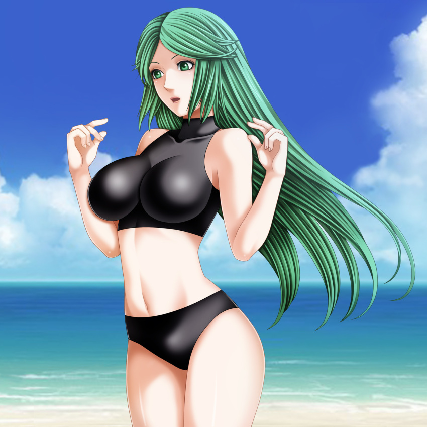 1girl beach blush breasts day green_eyes green_hair highres kid_icarus kid_icarus_uprising large_breasts long_hair navel open_mouth palutena sky solo swimsuit tamamon very_long_hair water