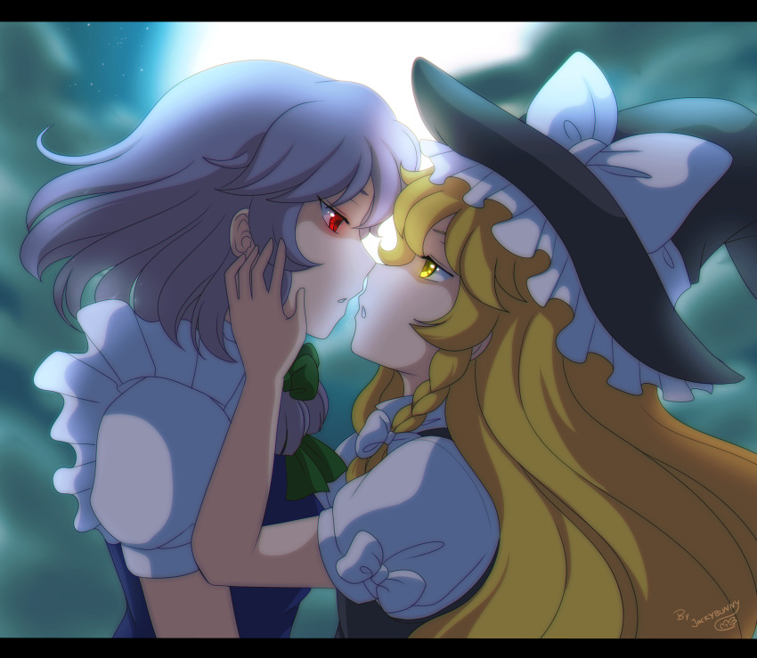 2girls :o anime_coloring artist_name backlighting blonde_hair blue_vest braid clouds couple eye_contact face-to-face female full_moon glowing glowing_eyes grey_hair hands_on_another's_face hat hat_ribbon highres incipient_kiss izayoi_sakuya jackybunny kirisame_marisa letterboxed long_hair looking_at_another moon multiple_girls mutual_yuri night night_sky no_headwear open_mouth outdoors puffy_short_sleeves puffy_sleeves red_eyes ribbon short_hair short_sleeves single_braid sky touhou upper_body vest witch_hat yuri