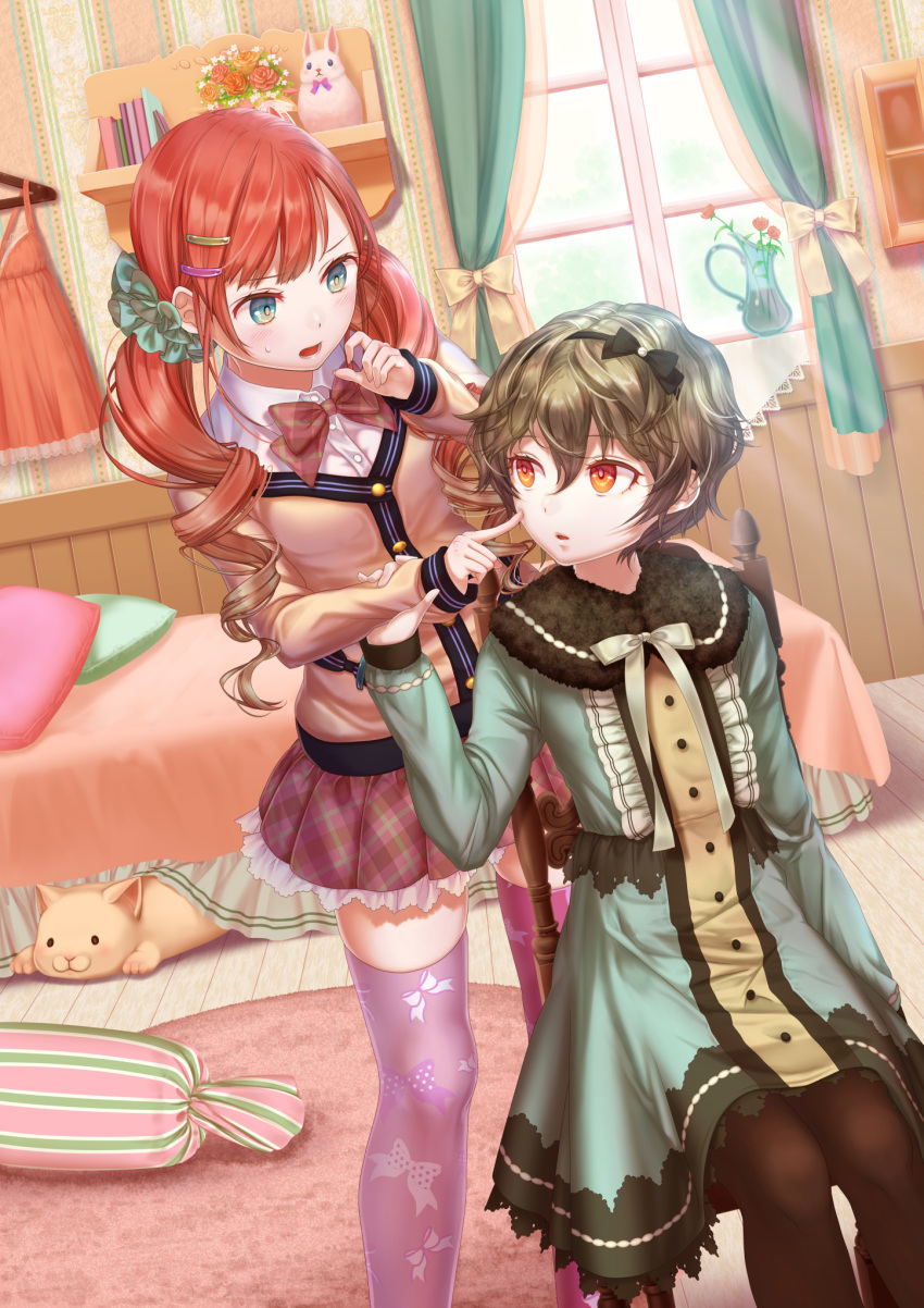 1boy 1girl arm_at_side arm_grab bed black_bow black_legwear blue_eyes blush body_pillow book bow bow_print brown_hair buttons cardigan cat chair cheek_poking clothes_hanger collared_shirt commentary_request crossdressinging curtains daisan_oujo dress dress_shirt drill_hair dutch_angle flower gradient_hair hair_between_eyes hair_ornament hair_ribbon hair_scrunchie hairband hairclip highres indoors lingerie long_sleeves looking_at_another looking_back low_twintails mat mismatched_legwear multicolored_hair negligee on_chair open_mouth orange_hair original pantyhose parted_lips pillow pink_legwear pitcher plaid plaid_bowtie plaid_skirt plant pleated_skirt poking potted_plant print_legwear purple_legwear rabbit red_skirt ribbon scrunchie shelf shirt short_hair sitting skirt standing stuffed_animal stuffed_bunny stuffed_cat stuffed_toy sweatdrop thigh-highs trap twin_drills twintails underwear vase wainscoting wallpaper_(object) white_shirt window wing_collar wooden_floor yellow_bow