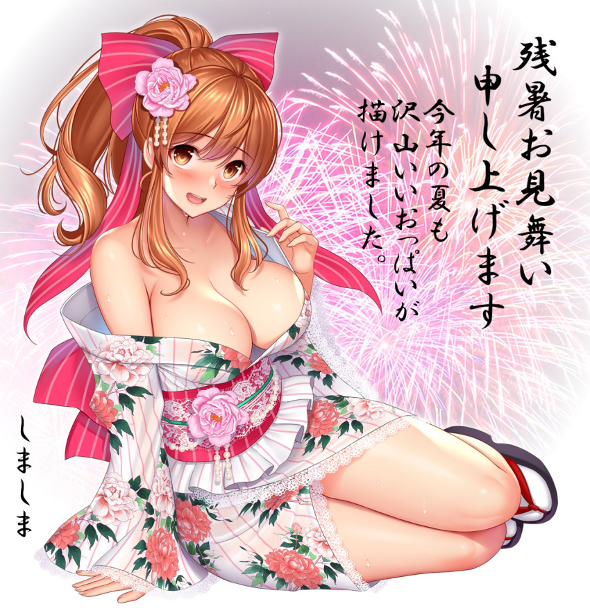1girl :d arm_support blush breasts brown_eyes brown_hair cleavage clog_sandals collarbone fireworks floral_print flower full_body hair_flower hair_ornament highres japanese_clothes kimono large_breasts long_hair long_sleeves looking_at_viewer obi off_shoulder official_art open_mouth ponytail sash shimashima08123 sidelocks sitting smile solo sweat tabi tokyo_exe_girls translation_request wide_sleeves yokozuwari
