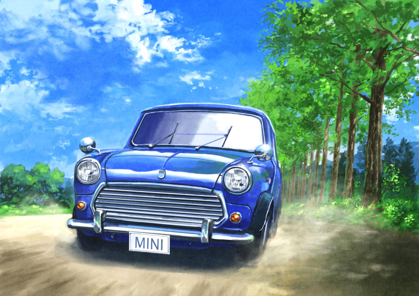 absurdres blue_sky car clouds cloudy_sky day driving grass ground_vehicle highres hirota_(masasiv3) license_plate mini_cooper motor_vehicle mountain no_humans outdoors road scenery sky tree
