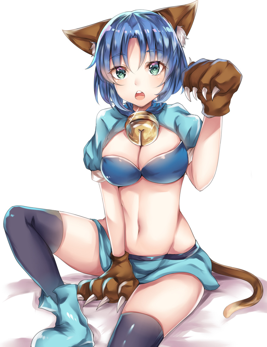 1girl animal_ears black_legwear blue_boots blue_hair blush boots breasts cat_ears cat_paws cat_tail cleavage eyebrows_visible_through_hair furumiya_neko green_eyes highres large_breasts looking_at_viewer navel open_mouth paws solo tail teeth thigh-highs waguruma!