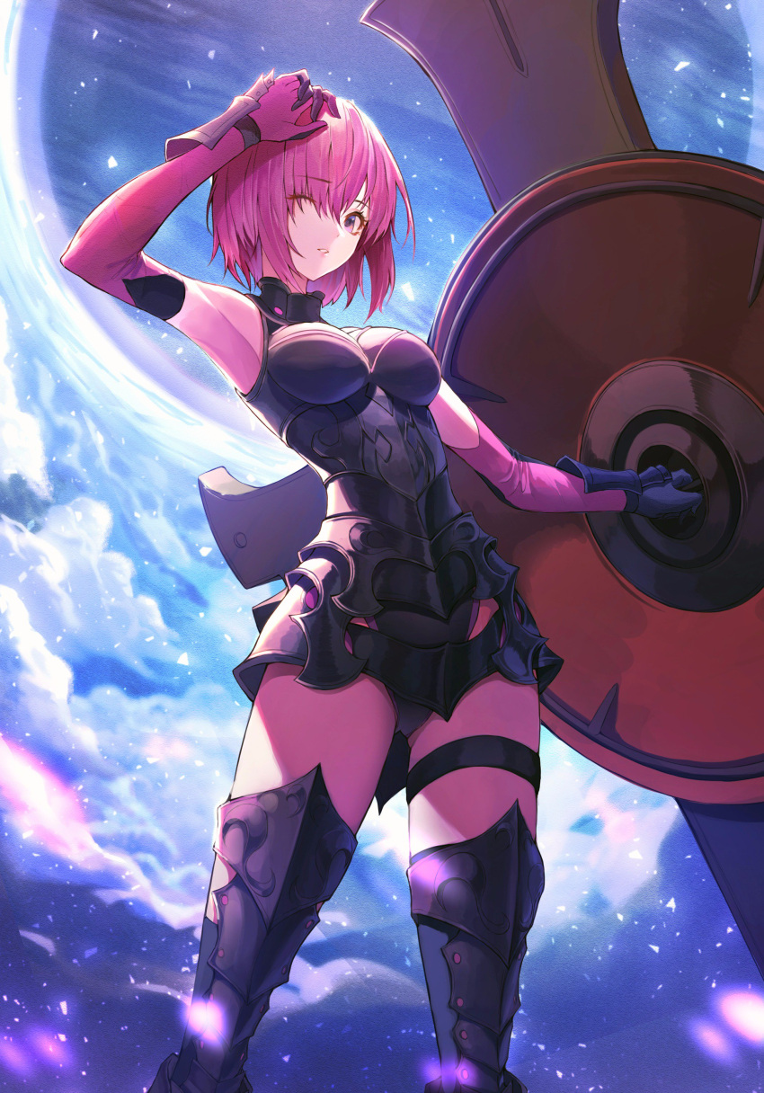 1girl absurdres amor arm_up armor armored_boots armpits black_boots black_leotard boots breasts breasts_apart elbow_gloves eyebrows_visible_through_hair fate/grand_order fate_(series) gloves hair_between_eyes highres holding_shield leotard medium_breasts one_eye_closed parted_lips peulopi pink_gloves pink_hair shield shielder_(fate/grand_order) short_hair solo thigh-highs thigh_boots violet_eyes