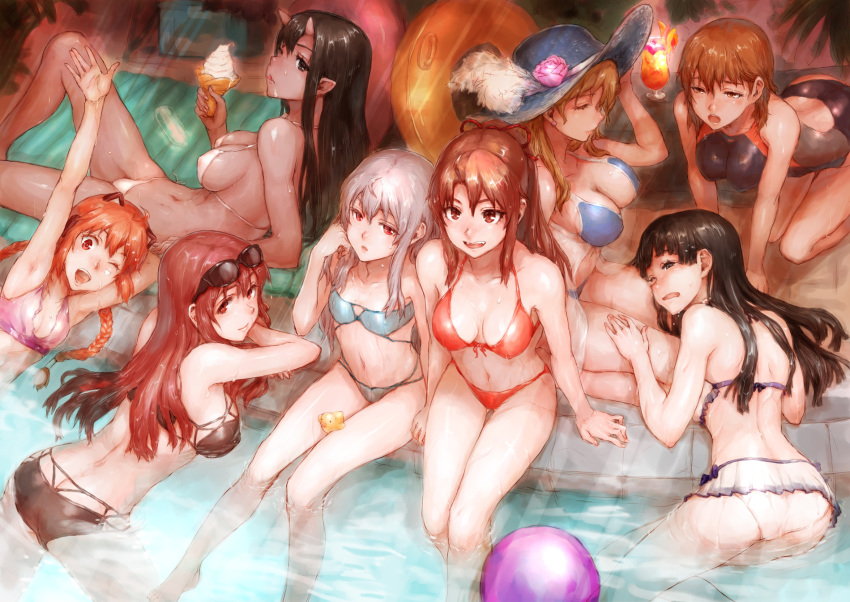 6+girls :d all_fours animal_ears arm_support arm_up ass bikini bikini_skirt black_bikini black_hair blonde_hair blue_bikini blue_hat braid breasts brown_eyes brown_hair closed_eyes collarbone competition_swimsuit dark_skin earrings erect_nipples food hair_ribbon hand_in_hair hat highres horns ice_cream jewelry large_breasts long_hair looking_at_viewer lying medium_breasts multiple_girls navel on_back one-piece_swimsuit open_mouth orange_hair original pink_bikini_top pointy_ears ponytail red_bikini red_eyes red_ribbon ribbon sasagawa_(haikaiki) see-through shiny shiny_skin short_hair sideboob silver_hair sitting small_breasts smile soaking_feet sun_hat sunglasses sunglasses_on_head swimsuit twin_braids wet white_bikini