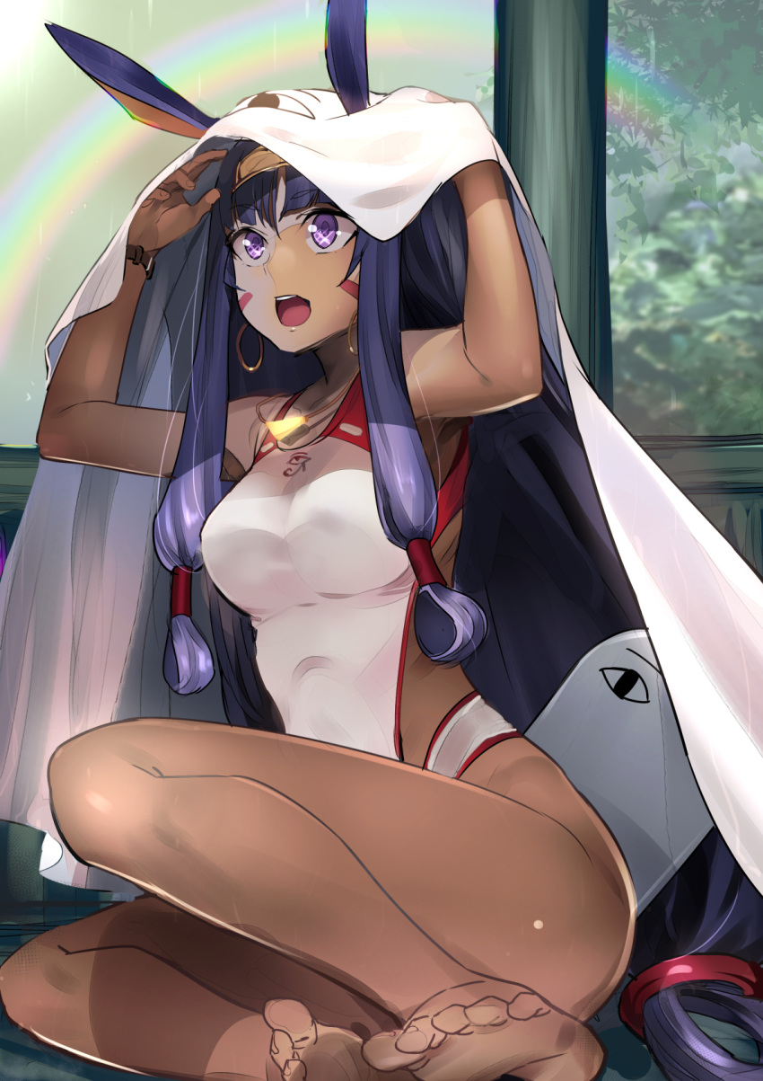 1girl :d akechi_shizuku animal_ears bangs bare_legs bare_shoulders barefoot bed_sheet breasts collarbone commentary_request competition_swimsuit dark_skin earrings eyebrows_visible_through_hair facial_mark fate/grand_order fate_(series) feet hair_between_eyes hair_rings hair_tubes hairband highres hoop_earrings jackal_ears jewelry legs long_hair looking_away low-tied_long_hair medium_breasts necklace nitocris_(fate/grand_order) nitocris_(swimsuit_assassin)_(fate) one-piece_swimsuit open_mouth pendant purple_hair rain rainbow sidelocks sitting smile soles solo swimsuit toenails toes tree very_long_hair violet_eyes white_swimsuit yellow_hairband