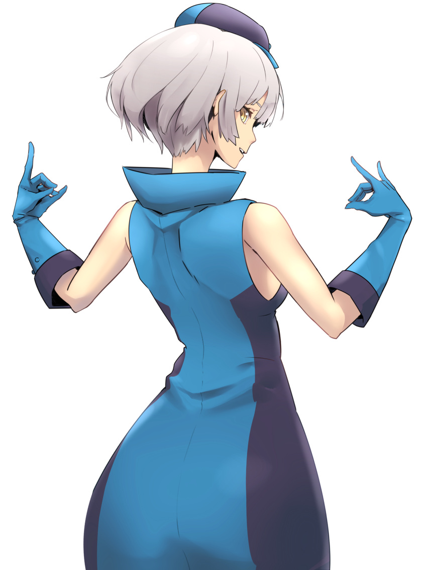 1girl bob_cut elevator_attendant elevator_girl elizabeth_(persona) gloves hat highres looking_at_viewer looking_back persona persona_3 persona_4:_the_ultimate_in_mayonaka_arena rdc7229 silver_hair simple_background solo uniform white_background yellow_eyes