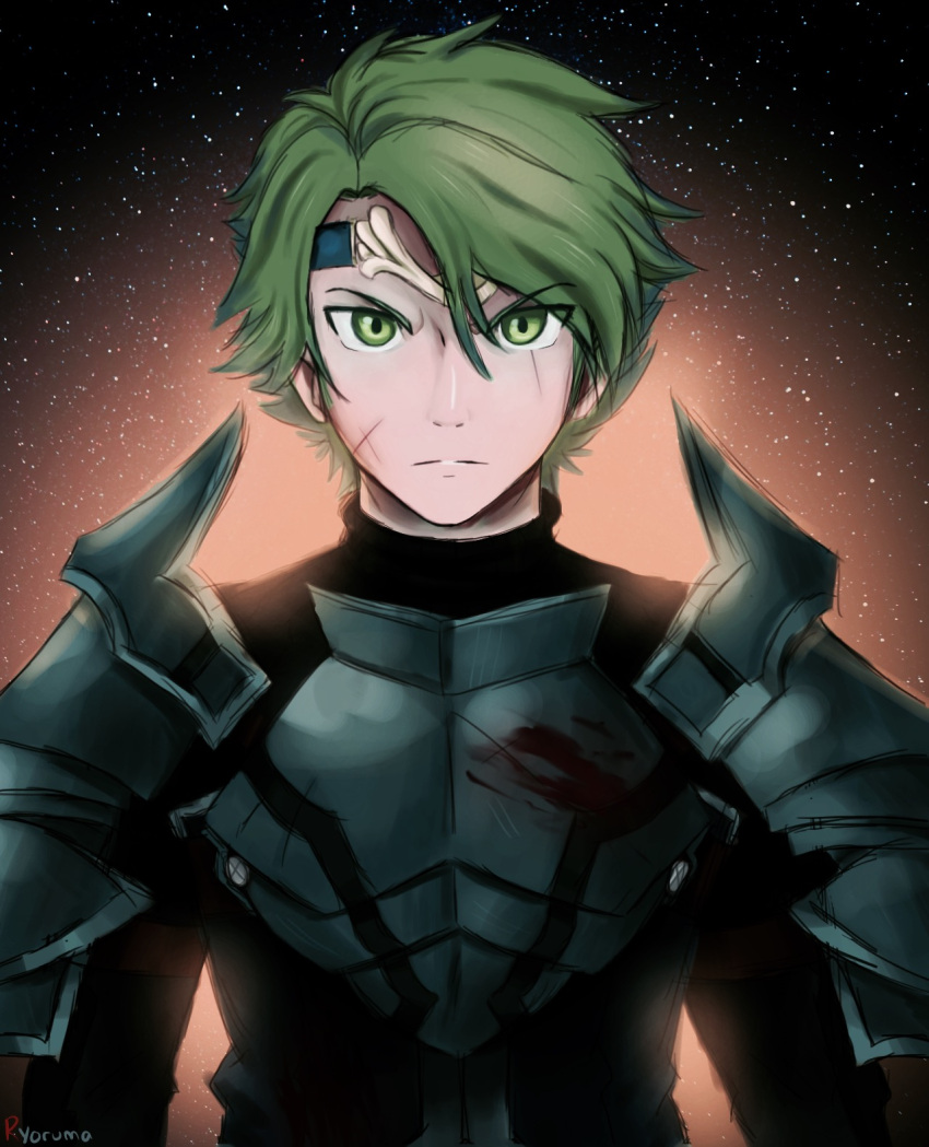 1boy alm_(fire_emblem) armor breastplate fire_emblem fire_emblem_echoes:_mou_hitori_no_eiyuuou fire_emblem_gaiden green_eyes green_hair highres looking_at_viewer pauldrons portrait solo