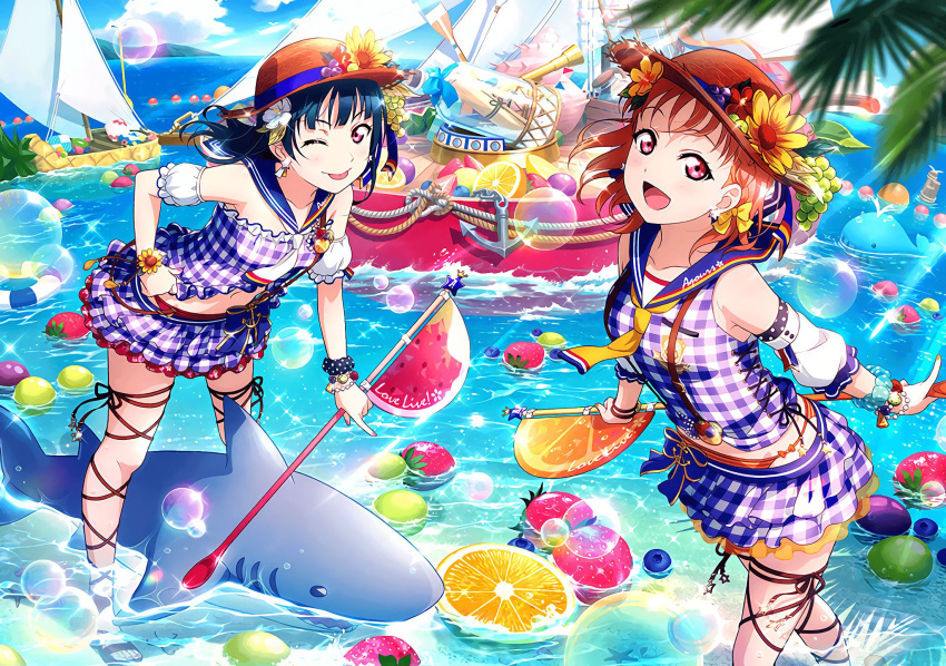 2girls :d ;p black_hair black_ribbon bow bracelet brown_hat bubble clouds cloudy_sky collarbone detached_sleeves earrings flower hair_bow hair_flower hair_ornament hat highres holding index_finger_raised island jewelry layered_skirt lens_flare long_hair looking_at_viewer love_live! love_live!_sunshine!! midriff multiple_girls nail_polish navel ocean one_eye_closed open_mouth orange_bikini_bottom orange_hair orange_nails outdoors pink_nails purple_skirt red_eyes ribbon scrunchie short_hair skirt sky smile sparkle stomach straw_hat striped_bikini_bottom takami_chika thigh_ribbon tongue tongue_out tsushima_yoshiko wrist_scrunchie yellow_bow yellow_flower