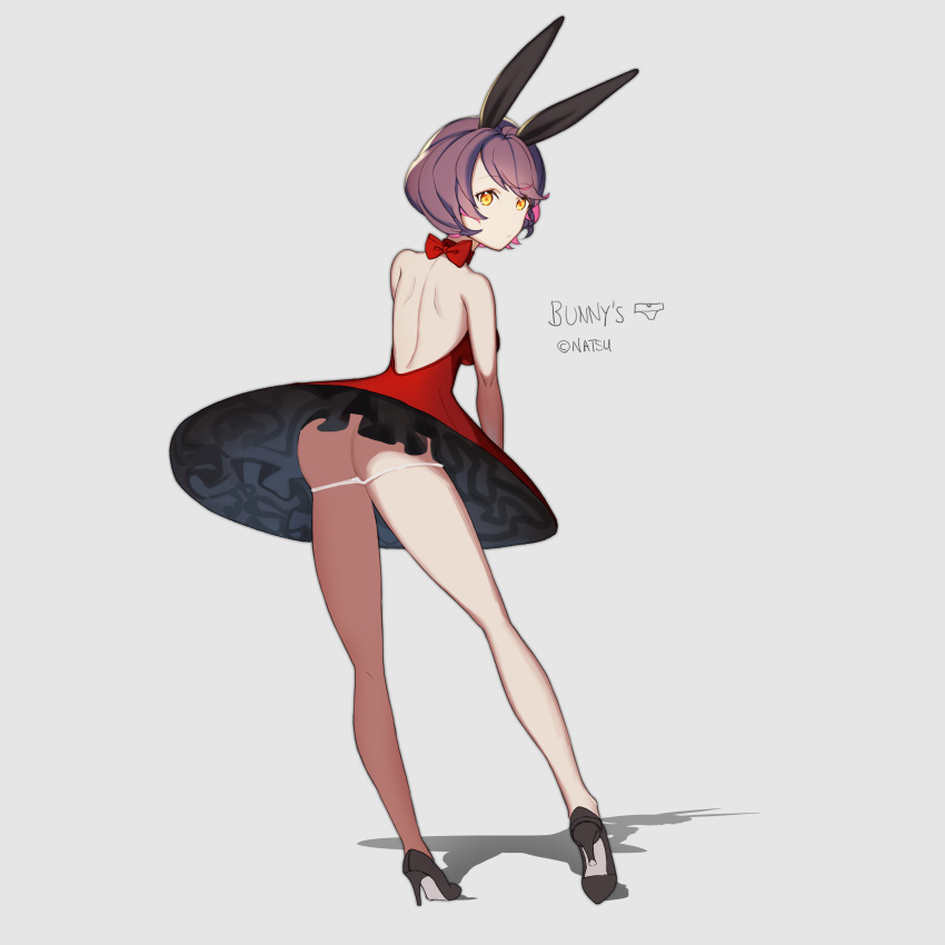1girl :/ absurdres animal_ears ass black_shoes breasts brown_eyes brown_hair closed_mouth commentary dress english full_body grey_background high_heels highres medium_breasts multicolored_hair natsuojisan original panties panty_pull pink_hair rabbit_ears red_dress shoes short_hair silhouette solo standing twitter_username two-tone_hair underwear white_panties
