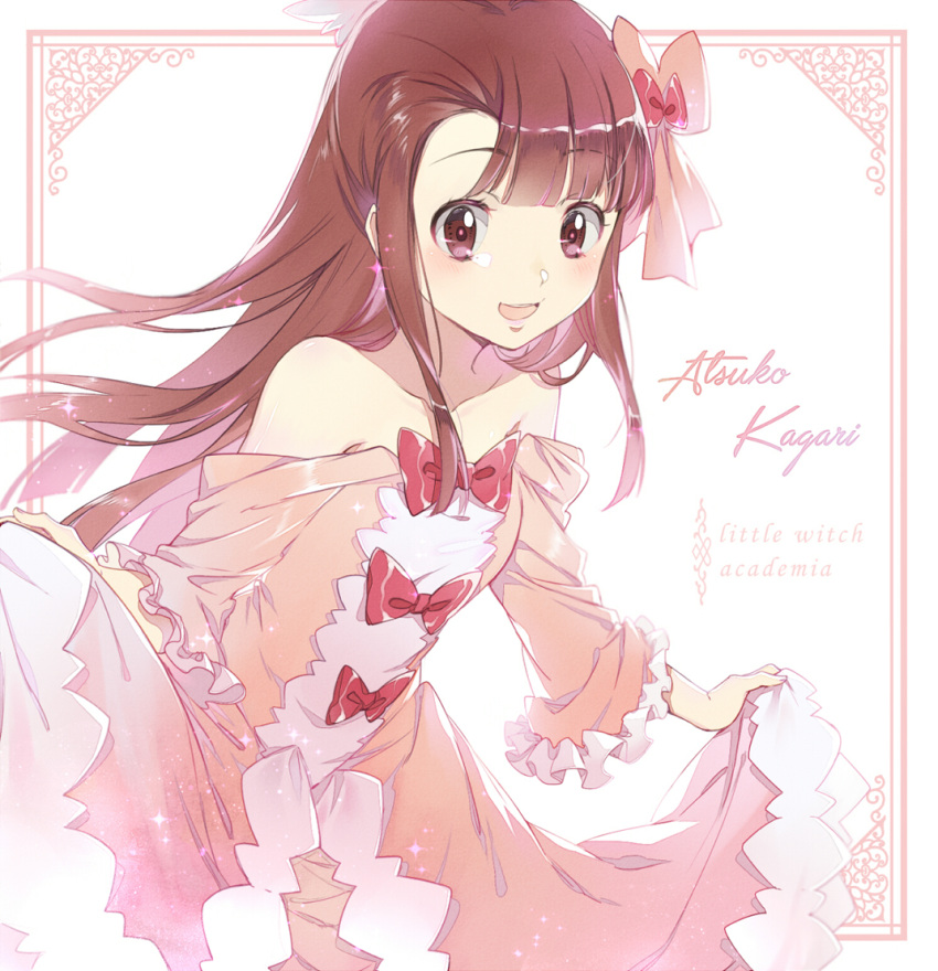 1girl :d bare_shoulders blush bow brown_hair character_name collarbone copyright_name cursive dress ekita_xuan formal frame frilled_dress frilled_sleeves frills hair_bow kagari_atsuko lifted_by_self little_witch_academia long_hair off-shoulder_dress off_shoulder open_mouth pink_dress red_bow red_eyes smile solo sparkle