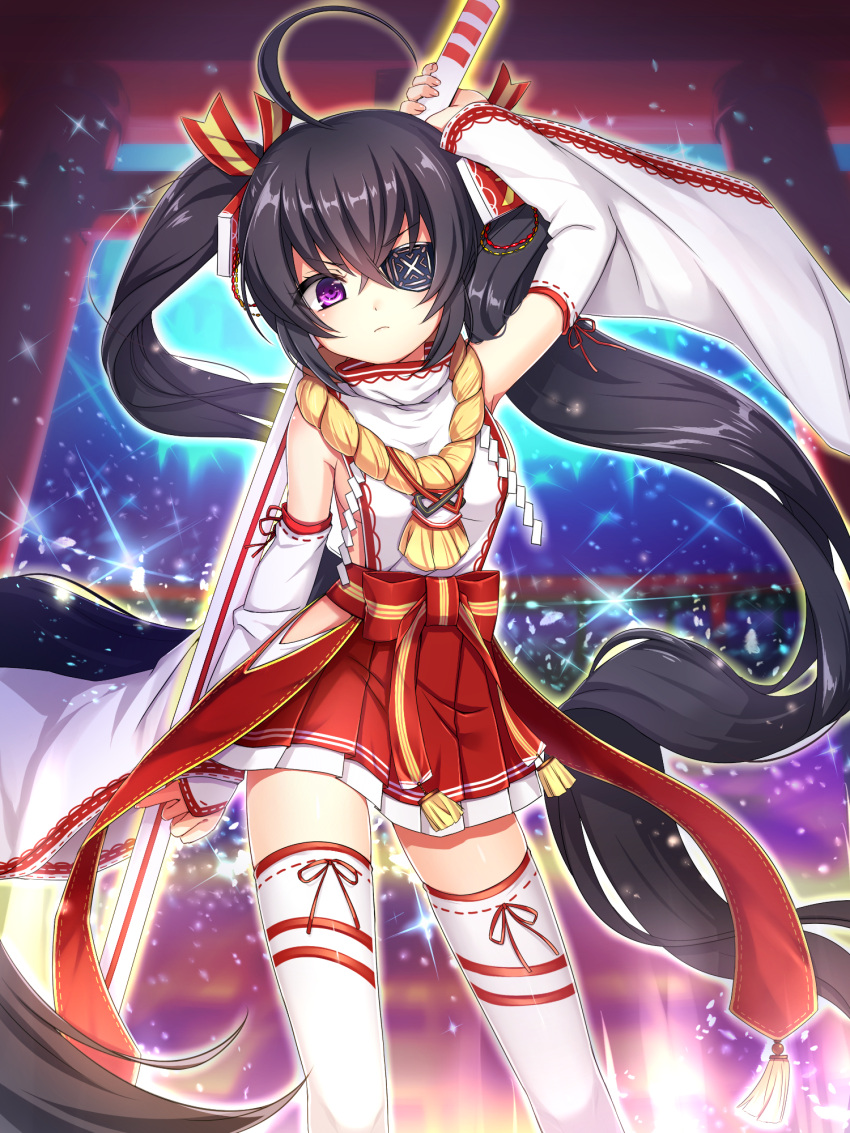 &gt;:( 1girl absurdly_long_hair ahoge arm_up bangs black_hair blurry blurry_background breasts closed_mouth code_of_joker commentary_request contrapposto detached_sleeves diffraction_spikes emia_(castilla) eyebrows_visible_through_hair eyepatch floating_hair glowing hair_between_eyes hair_ornament hair_ribbon head_tilt highres hip_vent holding huge_ahoge legs_apart long_hair looking_at_viewer medium_skirt multicolored multicolored_ribbon nontraditional_miko pleated_skirt red_ribbon red_skirt ribbon ribbon-trimmed_sleeves ribbon_trim rope serious shide shimenawa shiny shiny_hair sideboob skirt small_breasts solo sparkle standing tassel thigh-highs torii twintails very_long_hair violet_eyes white_legwear yellow_ribbon