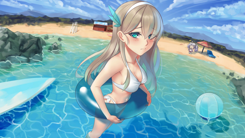 1girl 2girls bilan_hangxian blue_eyes breasts character_request cleavage eyebrows_visible_through_hair grey_hair hairband highres iandrea innertube large_breasts long_hair looking_at_another looking_at_viewer multiple_girls solo wading zhan_jian_shao_nyu