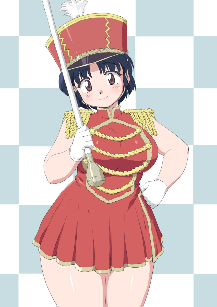 1girl absurdres alternate_costume bare_arms blue_hair blush breasts brown_eyes curvy gloves hat head_tilt highres large_breasts legs_together looking_at_viewer mage_(artist) marching_band marching_band_baton plump ranma_1/2 short_hair smile solo tendou_akane thick_thighs thighs uniform white_gloves wide_hips