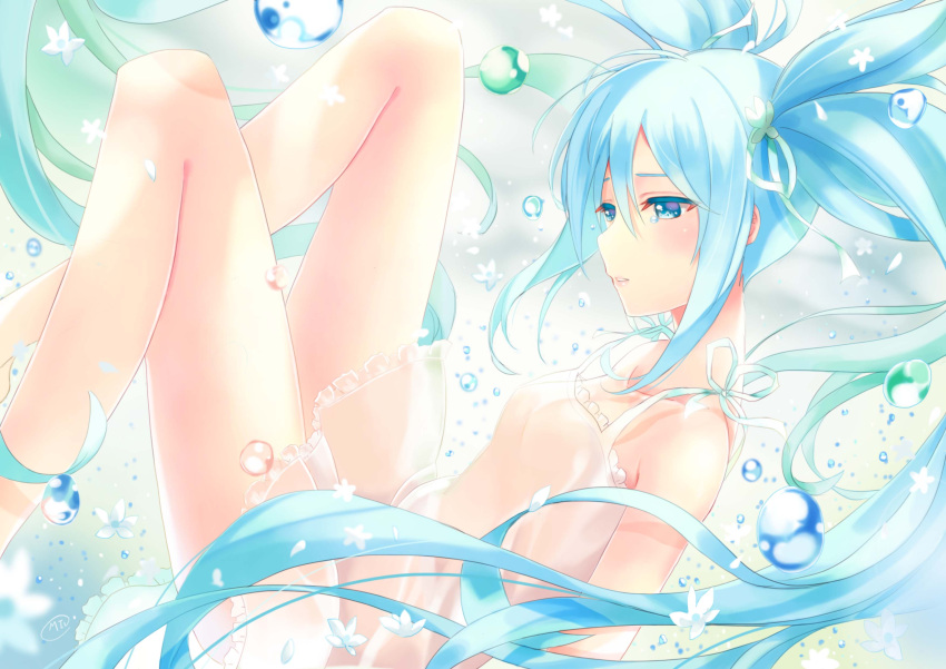 1girl absurdres aqua_eyes aqua_hair artist_name bangs bare_shoulders blush bow breasts bubble collarbone dress falling folded_leg from_side hair_between_eyes hatsune_miku highres long_hair looking_to_the_side medium_breasts miu_(pixiv4149478) no_bra parted_lips ribbon solo twintails underwater vocaloid white_dress white_flowers