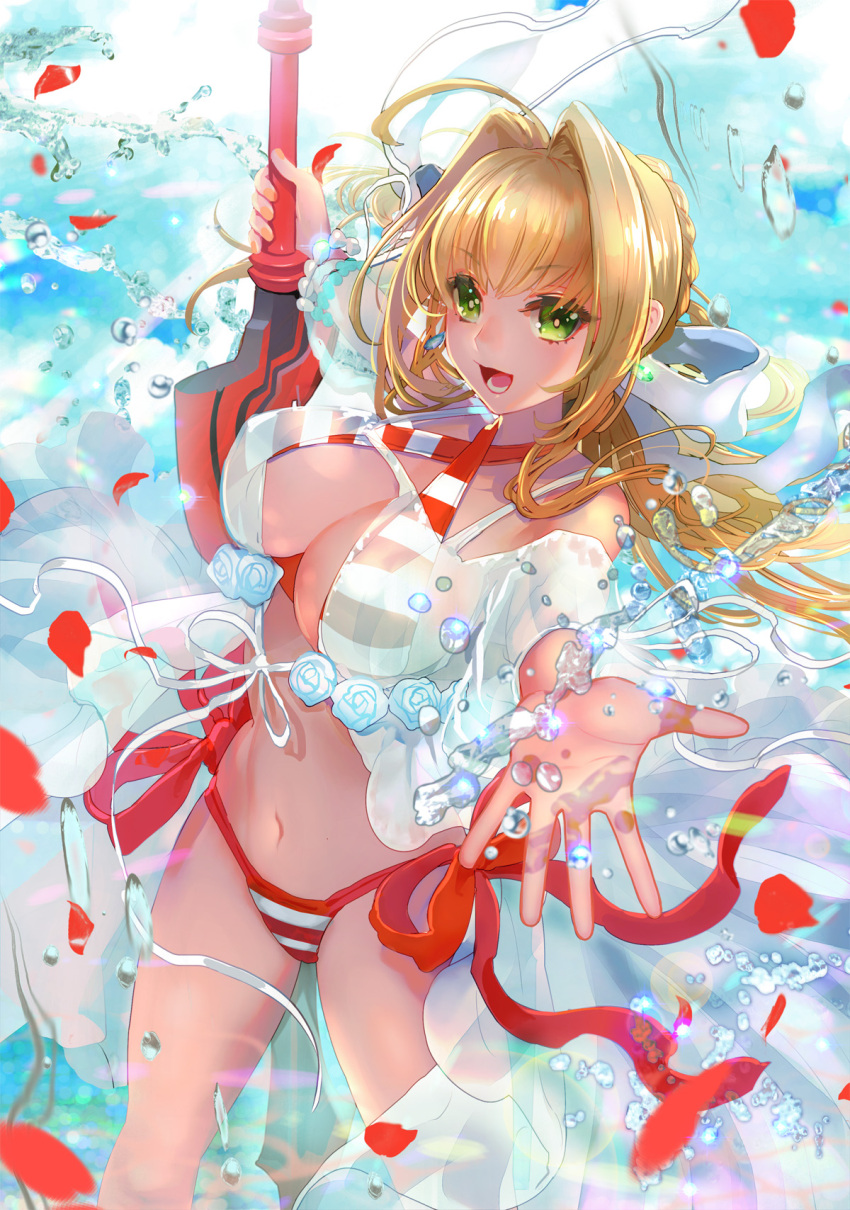 1girl :d aestus_estus ahoge babydoll bangs bikini blonde_hair bracelet breasts earrings eyebrows_visible_through_hair fate/grand_order fate_(series) green_eyes hair_intakes halterneck highres jewelry large_breasts long_hair looking_at_viewer navel nero_claudius_(swimsuit_caster)_(fate) open_mouth outstretched_arms saber_extra shutsuri side-tie_bikini smile solo striped striped_bikini swimsuit sword twintails water water_drop weapon