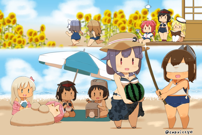 6+girls beach beach_umbrella bikini black_hair blonde_hair blue_hair blue_swimsuit bokken breast_rest breasts brown_hair capriccyo chibi diving_mask diving_mask_on_head flower food fruit hat highres i-13_(kantai_collection) i-14_(kantai_collection) i-168_(kantai_collection) i-19_(kantai_collection) i-401_(kantai_collection) i-58_(kantai_collection) i-8_(kantai_collection) ice_shaver kantai_collection long_hair low_twintails maru-yu_(kantai_collection) multiple_girls ponytail purple_hair redhead ro-500_(kantai_collection) running sand_sculpture sarong school_swimsuit short_hair split_theme standing suikawari sunflower swimsuit sword taigei_(kantai_collection) twintails two_side_up umbrella watermelon weapon white_hat white_school_swimsuit white_swimsuit wooden_sword