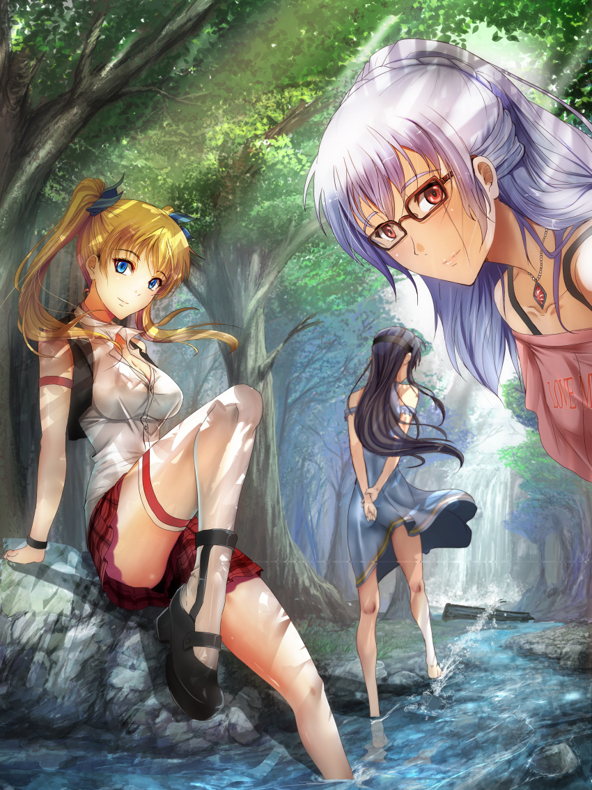 3girls absurdres arms_behind_back bangs bare_shoulders black_hair blonde_hair blue_dress blue_eyes blush braid breasts cleavage commentary_request crown_braid dappled_sunlight day dress forest hair_ribbon hairband highres jewelry large_breasts long_hair looking_at_viewer multiple_girls nature original partially_submerged pendant plaid plaid_skirt ponytail red_eyes revision ribbon river shirt silver_hair sitting skirt sleeveless sleeveless_shirt smile soyokaze sunlight thigh-highs twintails wading white_legwear