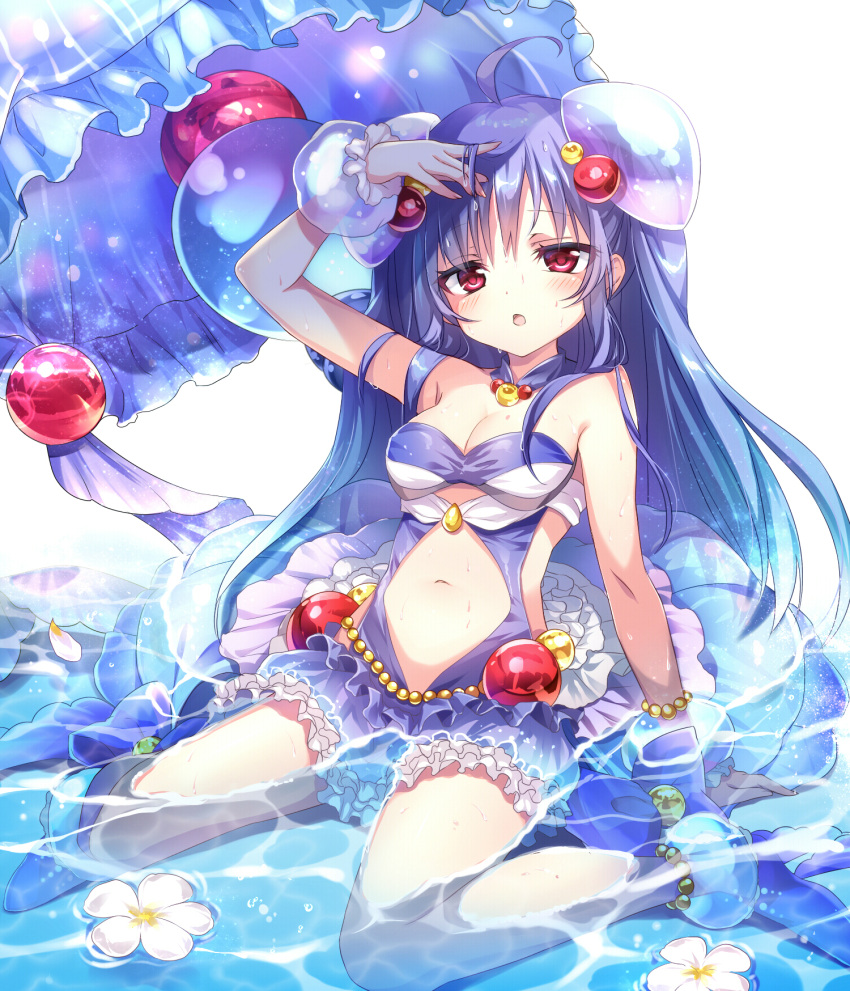 1girl :o ahoge arm_support arm_up bangs bare_arms bare_shoulders bead_bracelet beads blue_hair blue_ribbon blue_shoes bracelet breasts cleavage commentary_request detached_collar emia_(castilla) eyebrows_visible_through_hair frilled_swimsuit frills full_body hair_ornament half-closed_eyes highres jewelry long_hair looking_at_viewer medium_breasts navel navel_cutout noa_(shironeko_project) one-piece_swimsuit petals purple_swimsuit red_eyes ribbon see-through shade shiny shiny_hair shironeko_project shoes simple_background sitting solo swimsuit two_side_up wariza water wet wet_hair white_background white_flower