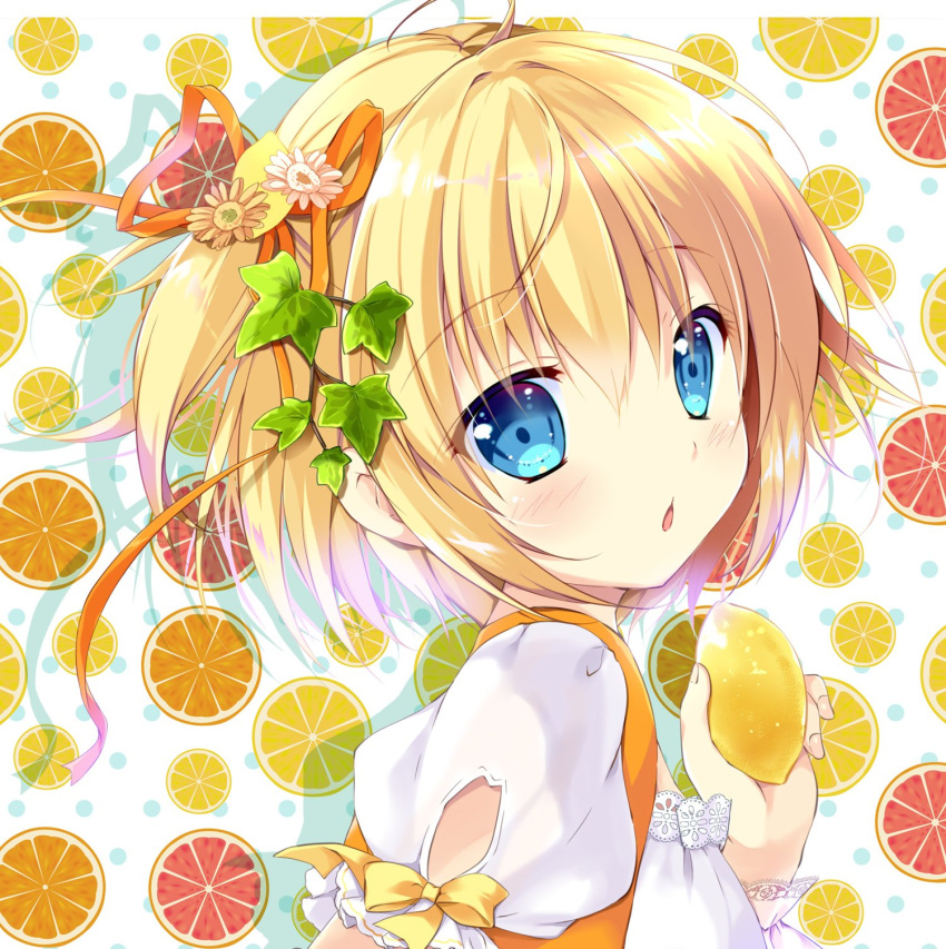 1girl bangs blonde_hair blue_eyes blush commentary_request eyebrows_visible_through_hair food fruit hair_ornament highres holding lemon lemon-chan lemon_slice looking_at_viewer looking_back mikeou open_mouth puffy_sleeves short_hair short_sleeves simple_background solo upper_body