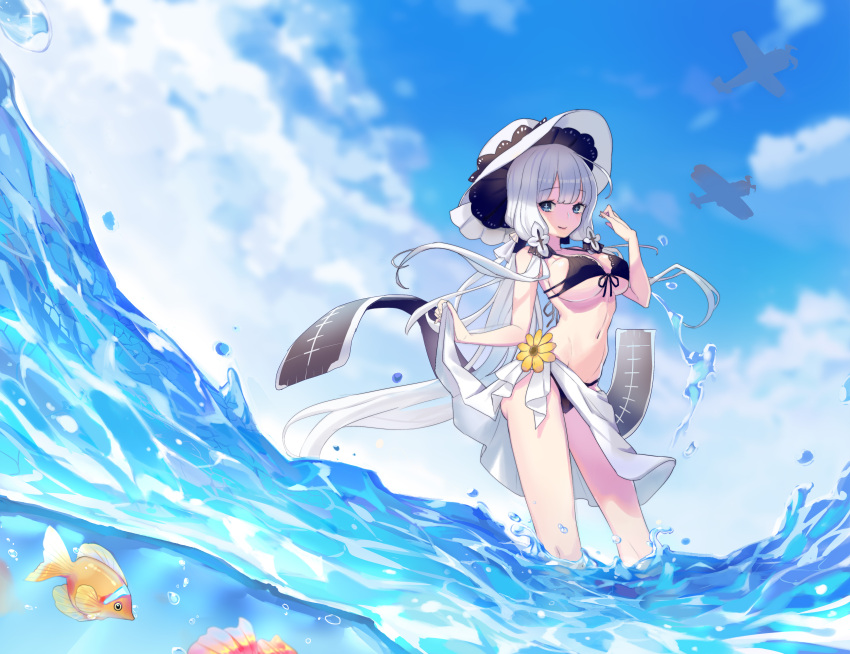 +_+ 1girl absurdres aircraft airplane azur_lane bikini bilan_hangxian black_bikini blue_eyes blue_sky breasts bunuojiang closed_mouth contrapposto day fish fisheye flower from_side front-tie_bikini front-tie_top hat highres illustrious_(bilan_hangxian) large_breasts long_hair looking_at_viewer low_twintails navel outdoors perky_breasts sarong sidelocks sky smile solo sun_hat swimsuit twintails under_boob very_long_hair wading white_hair