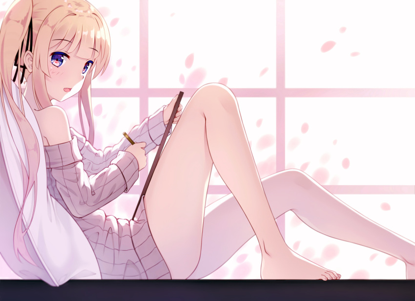 1girl bangs bare_legs barefoot black_ribbon blonde_hair blue_eyes blush day drawing_tablet eyebrows_visible_through_hair from_side hair_ribbon highres holding knees_up long_hair looking_at_viewer natsu97 off-shoulder_sweater open_mouth petals pillow ribbed_sweater ribbon saenai_heroine_no_sodatekata sawamura_spencer_eriri sidelocks sitting smile solo stylus sweater tablet thighs twintails window
