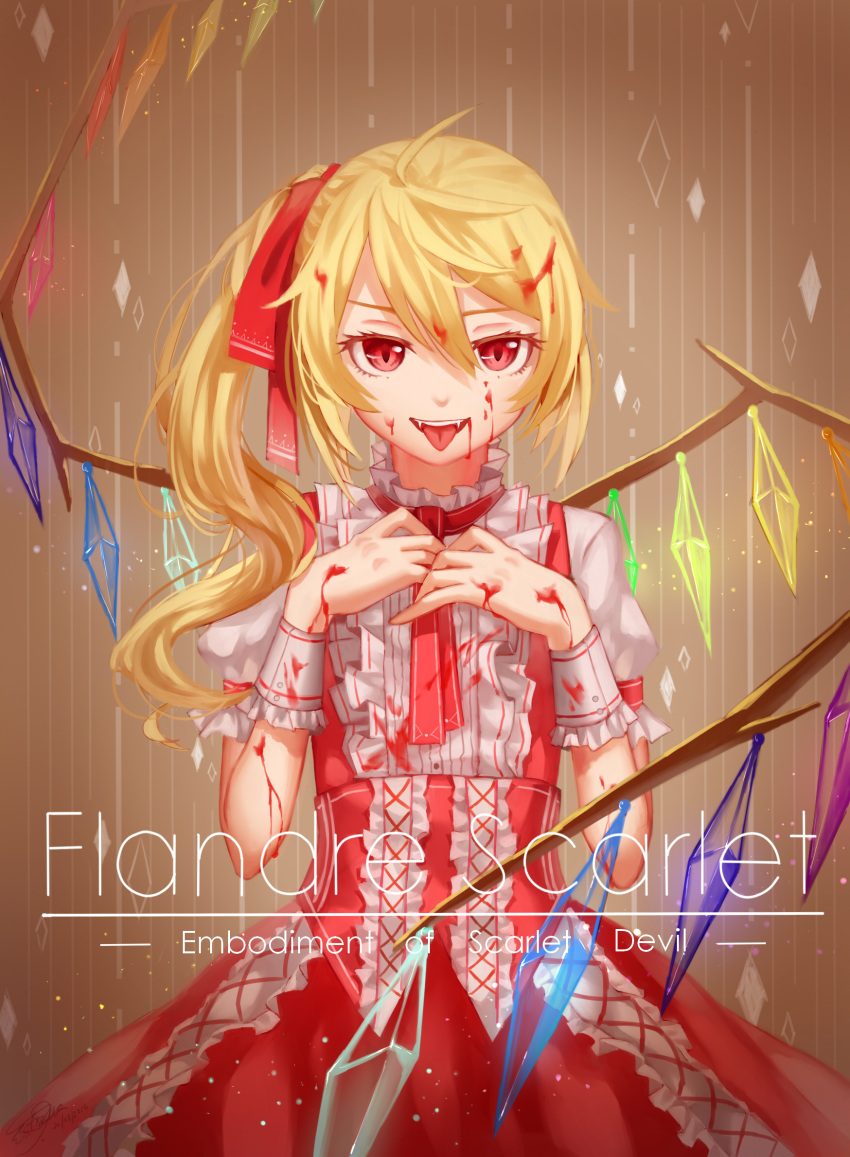1girl adapted_costume blonde_hair blood blood_on_face bloody_clothes character_name fangs flandre_scarlet hair_between_eyes hair_ribbon highres looking_at_viewer open_mouth puffy_short_sleeves puffy_sleeves red_eyes red_ribbon red_skirt ribbon short_sleeves side_ponytail skirt skirt_set smile solo tongue tongue_out touhou wings wrist_cuffs ze_xia