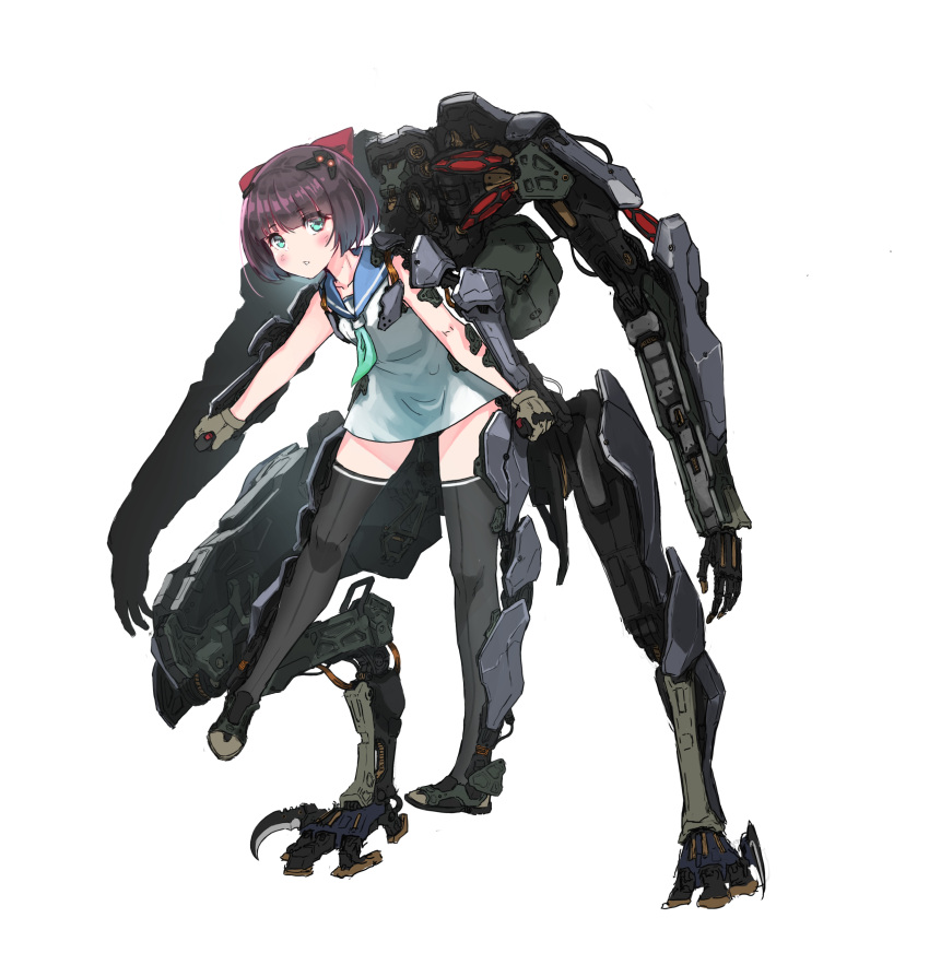 1girl absurdres aqua_eyes armor bangs black_legwear blade bob_cut brown_hair dress eyebrows_visible_through_hair flat_chest full_body gloves hair_ornament highres leaning_forward looking_at_viewer machinery mecha_musume mechanical_arms mechanical_parts oota_youjo original parted_lips piloting sailor_collar sailor_dress shoes short_dress short_hair simple_background sleeveless sleeveless_dress solo standing thigh-highs white_background