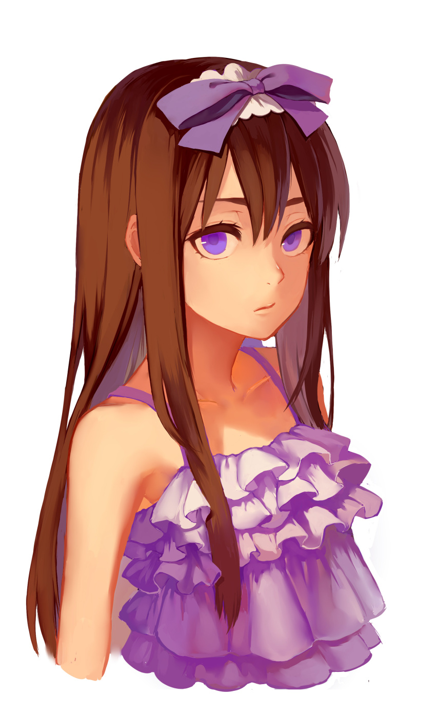 1girl :/ absurdres bare_shoulders brown_hair camisole closed_mouth collarbone commentary cropped_torso hair_between_eyes hair_ribbon highres kurenai907 long_hair looking_at_viewer original purple_ribbon ribbon simple_background sketch solo upper_body violet_eyes white_background