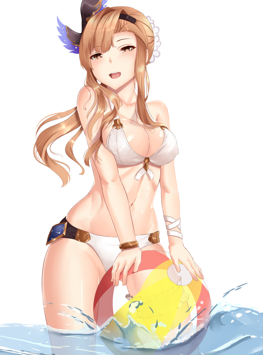1girl ball beachball blush breasts brown_eyes brown_hair cleavage collarbone eyebrows_visible_through_hair granblue_fantasy highres holding holding_ball large_breasts long_hair looking_at_viewer mengo navel parted_lips smile solo song_(granblue_fantasy)