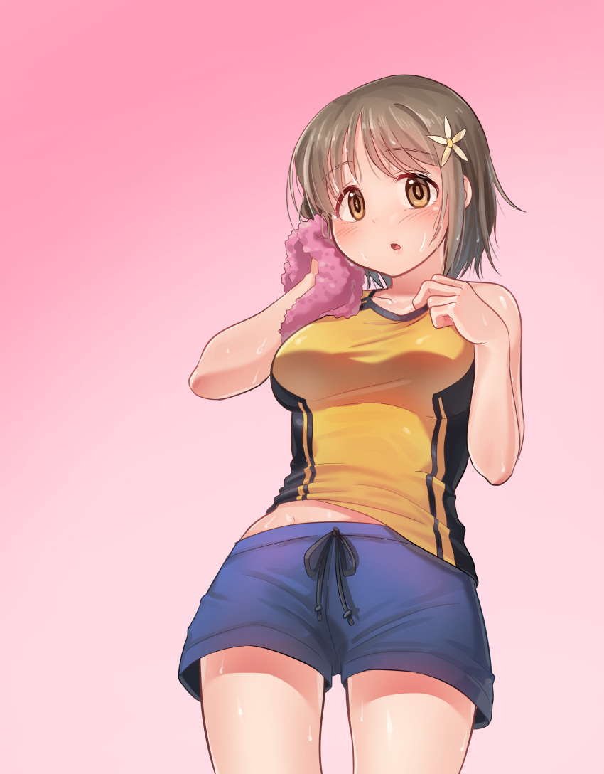 10s 1girl absurdres bare_shoulders blush breasts brown_eyes brown_hair collarbone eyebrows_visible_through_hair flower hair_flower hair_ornament highres idolmaster idolmaster_cinderella_girls kamille_(vcx68) looking_at_viewer medium_breasts mimura_kanako parted_lips short_hair shorts sleeveless solo sweat