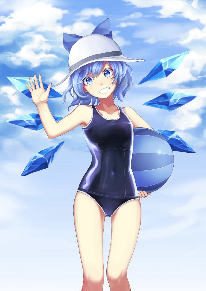 1girl absurdres ball beachball blue_bow blue_eyes blue_hair blush bow cirno eyebrows_visible_through_hair hair_bow hat highres holding holding_ball ice ice_wings looking_at_viewer mulu parted_lips school_swimsuit smile solo swimsuit teeth touhou white_hat wings