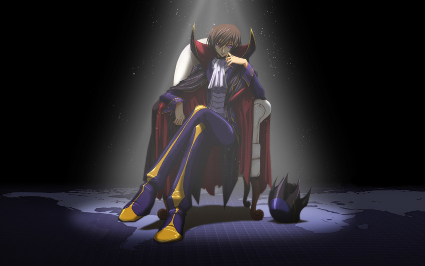 1boy black_hair cape code_geass full_body hair_between_eyes headwear_removed helmet helmet_removed highres legs_crossed lelouch_lamperouge map neckerchief pants purple_pants sitting solo violet_eyes white_neckerchief