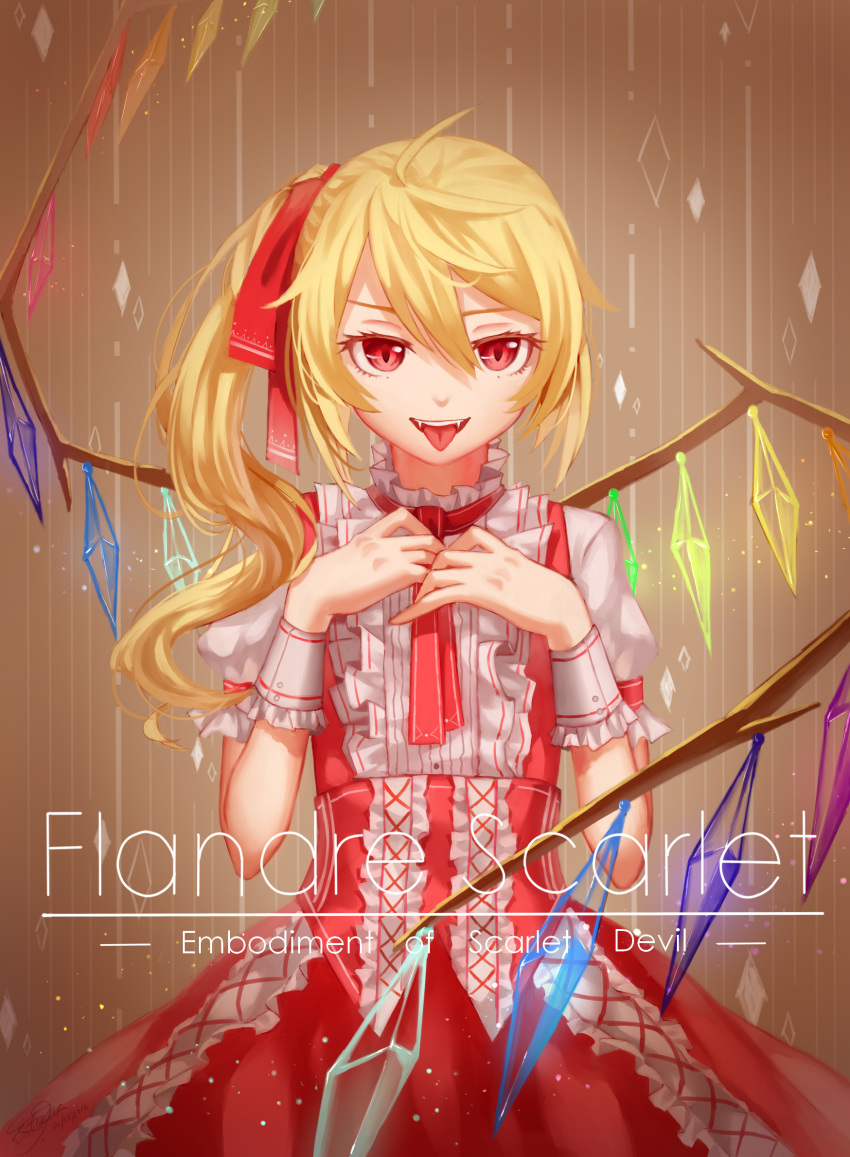1girl adapted_costume blonde_hair character_name fangs flandre_scarlet hair_between_eyes hair_ribbon highres looking_at_viewer open_mouth puffy_short_sleeves puffy_sleeves red_eyes red_ribbon red_skirt ribbon short_sleeves side_ponytail skirt skirt_set smile solo tongue tongue_out touhou wings wrist_cuffs ze_xia