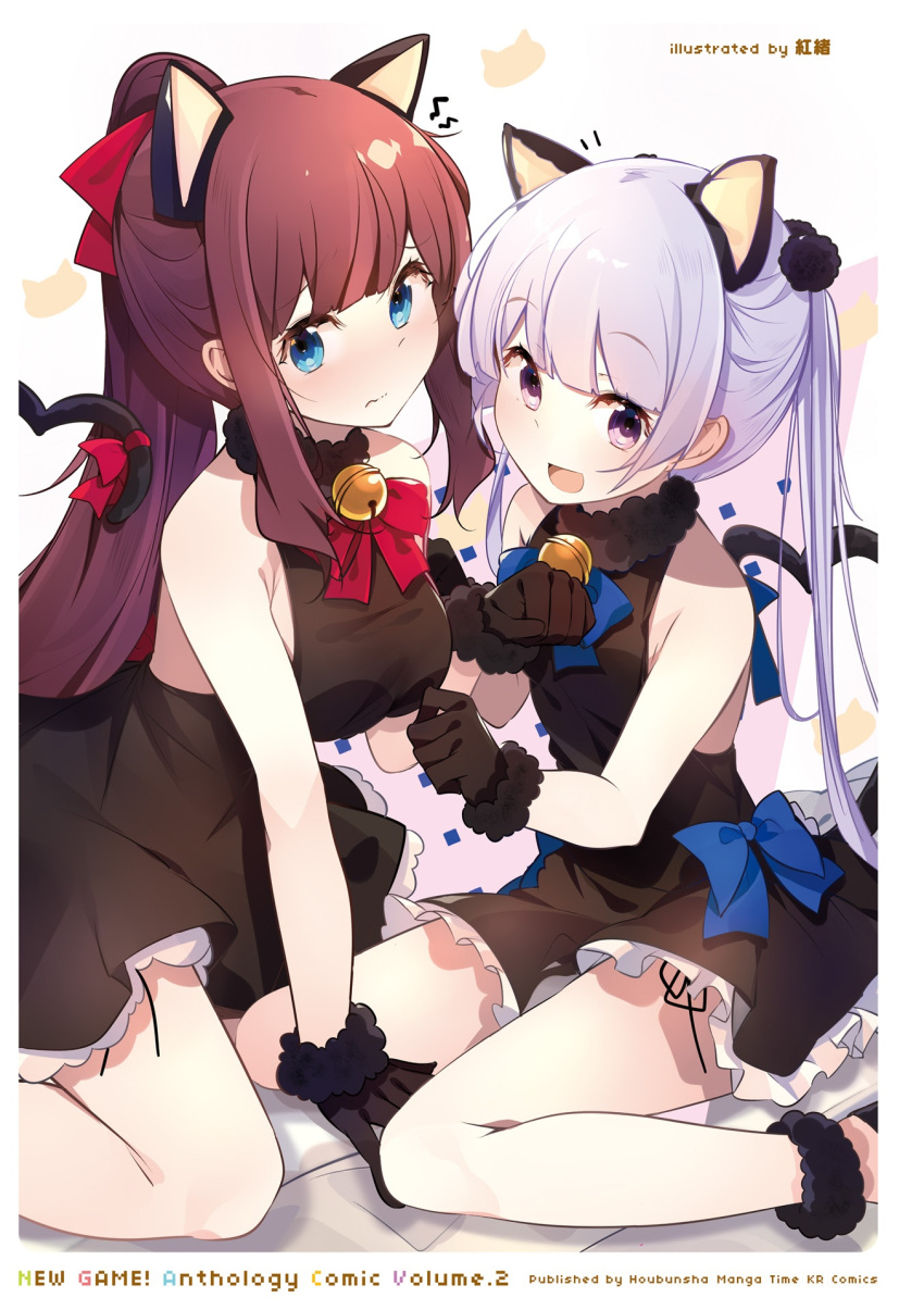 2girls :d animal_ears ankle_cuffs arm_support artist_name bell black_dress black_gloves blue_eyes blue_ribbon breasts brown_hair cat_ears cat_tail choker copyright_name dress eyebrows_visible_through_hair gloves hair_ribbon heart heart_tail high_ponytail highres large_breasts long_hair looking_at_viewer multiple_girls new_game! nmaaaaa open_mouth red_ribbon ribbon short_dress sideboob silver_hair simple_background sitting sleeveless sleeveless_dress smile suzukaze_aoba tail tail_ribbon takimoto_hifumi twintails violet_eyes white_background wrist_cuffs