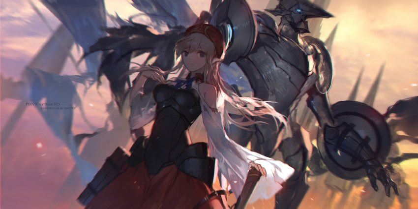 1girl armor armored_dress artist_name black_eyes blue_ribbon copyright_name dutch_angle floating_hair hat highres long_hair looking_at_viewer neck_ribbon pixiv_fantasia pixiv_fantasia_revenge_of_the_darkness red_hat ribbon silver_hair swd3e2 very_long_hair