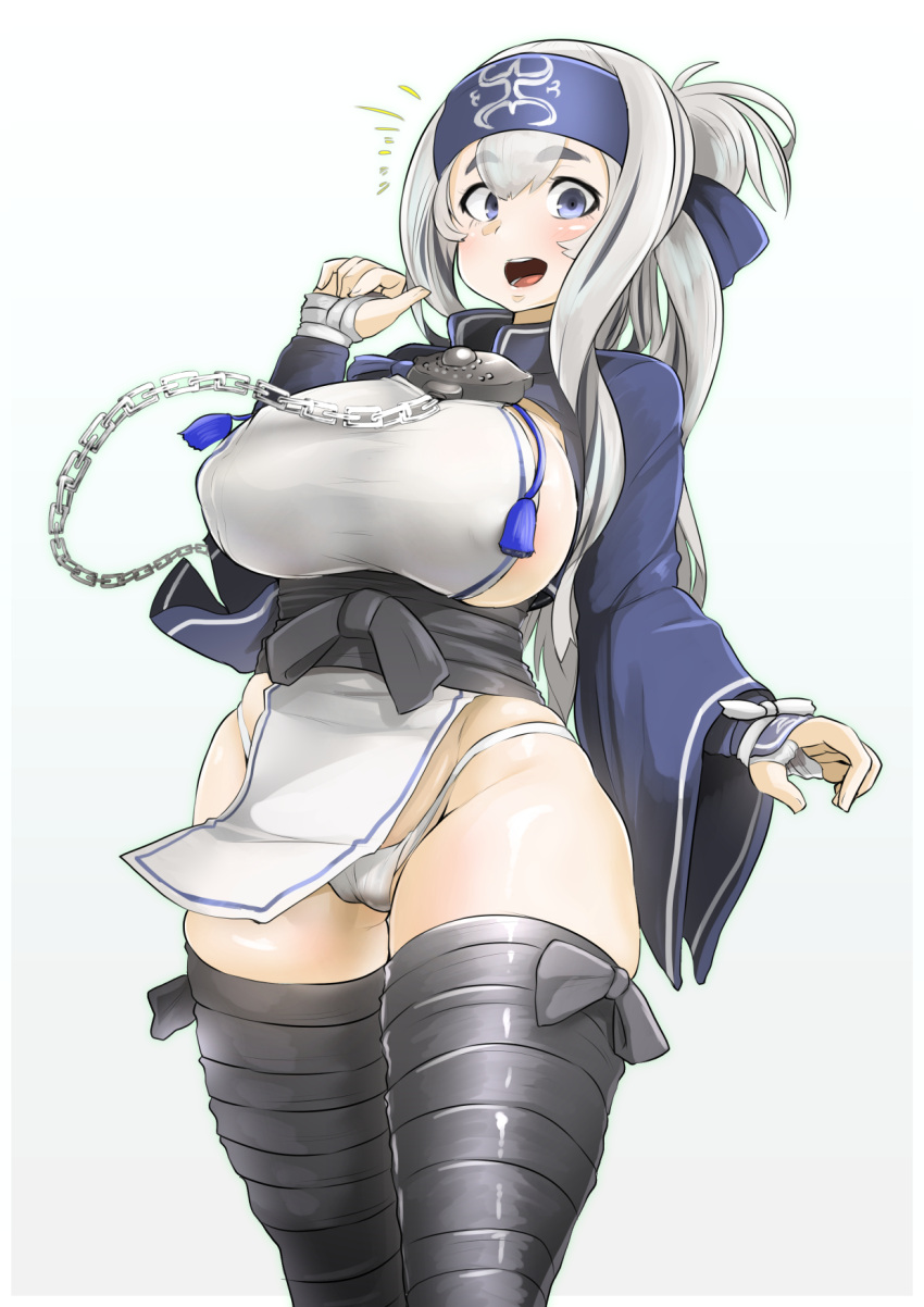 /\/\/\ 1girl :d ainu_clothes bandage bandanna black_legwear blue_eyes breasts chains cowboy_shot folded_ponytail headband highres kamoi_(kantai_collection) kantai_collection large_breasts long_hair long_sleeves looking_at_viewer open_mouth outline panties ryuun_(stiil) sidelocks simple_background smile solo standing thick_eyebrows thigh-highs underwear white_background white_hair white_panties wrist_guards