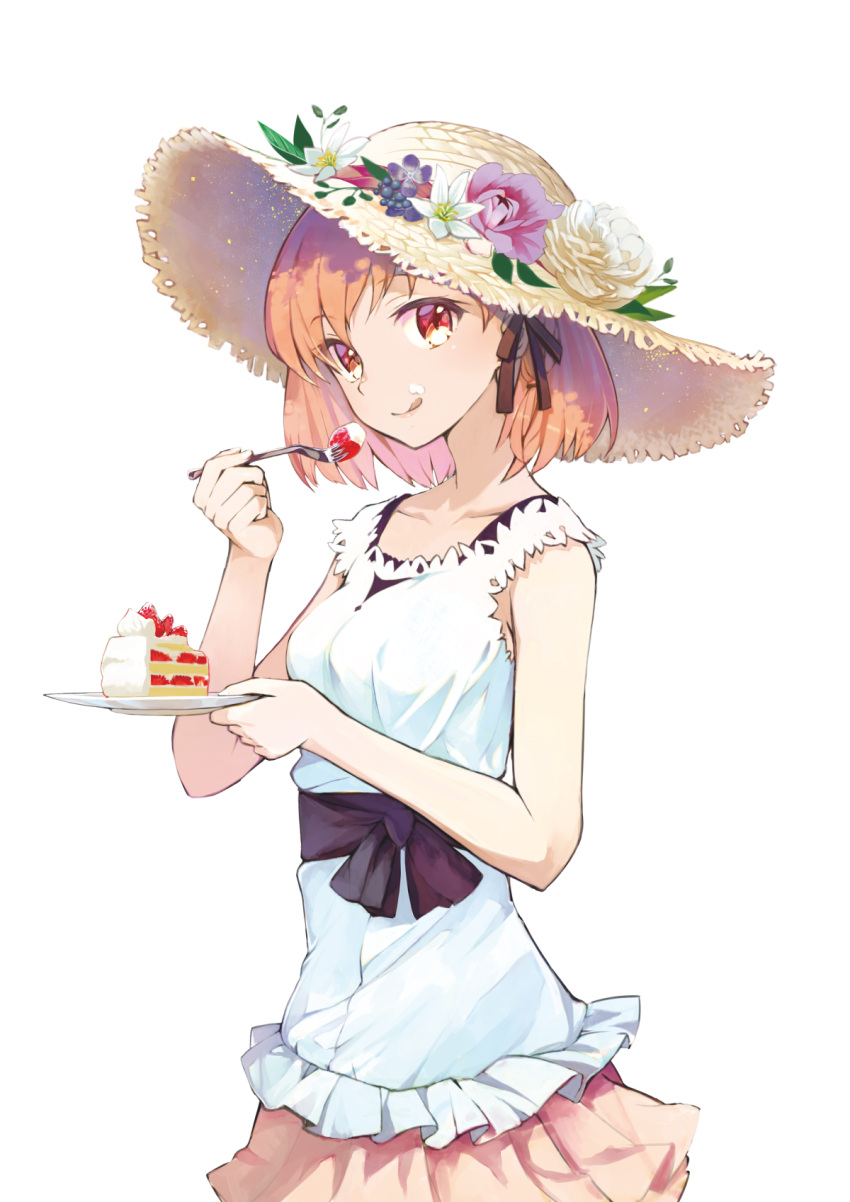 1girl :q black_ribbon brown_eyes cake cowboy_shot cream cream_on_face food food_on_face hair_ribbon hat highres looking_at_viewer ochau orange_hair orange_skirt original pleated_skirt ribbon shirt short_hair simple_background skirt sleeveless sleeveless_shirt solo standing sun_hat tongue tongue_out white_background white_flower white_shirt