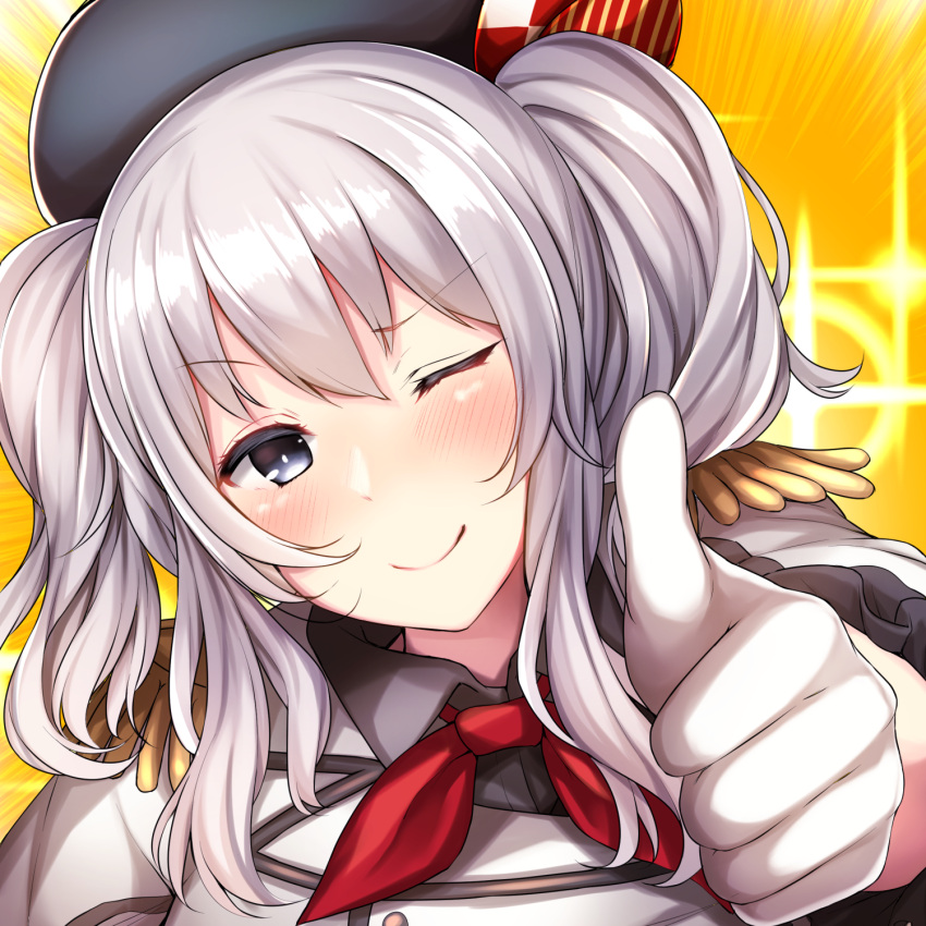 &gt;;) 1girl ;) beret black_hat blush closed_mouth epaulettes female gloves grey_eyes hair_between_eyes hat head_tilt highres kantai_collection kashima_(kantai_collection) neck neckerchief one_eye_closed red_neckerchief short_hair sidelocks silver_hair smile solo thumbs_up tobi-mura two_side_up upper_body white_gloves white_uniform yellow_background