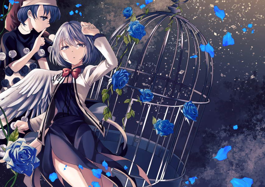 2girls birdcage blue_eyes blue_flower blue_hair blue_rose bow bowtie cage doremy_sweet dress finger_to_mouth flower grey_wings hat highres jacket katayama_kei kishin_sagume leaf looking_at_another looking_at_viewer multiple_girls nightcap open_clothes open_jacket pom_pom_(clothes) purple_dress red_bow red_bowtie rose shushing silver_hair single_wing touhou wings