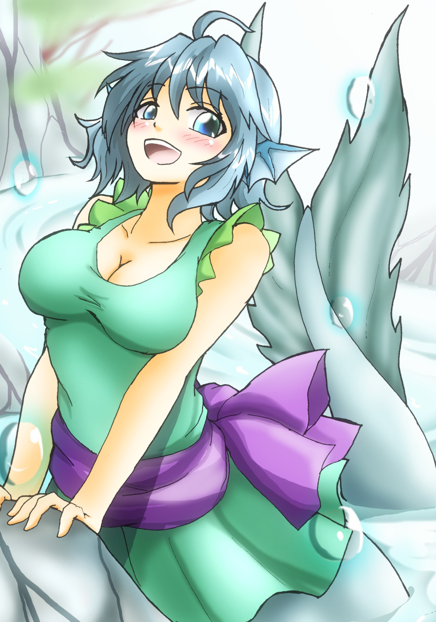 1girl blue_eyes blue_hair blush breasts casual_one-piece_swimsuit cleavage d-m_(dii_emu) dress_swimsuit drill_hair fish_tail head_fins highres mermaid misty_lake monster_girl one-piece_swimsuit open_mouth sash smile solo swimsuit touhou wakasagihime water