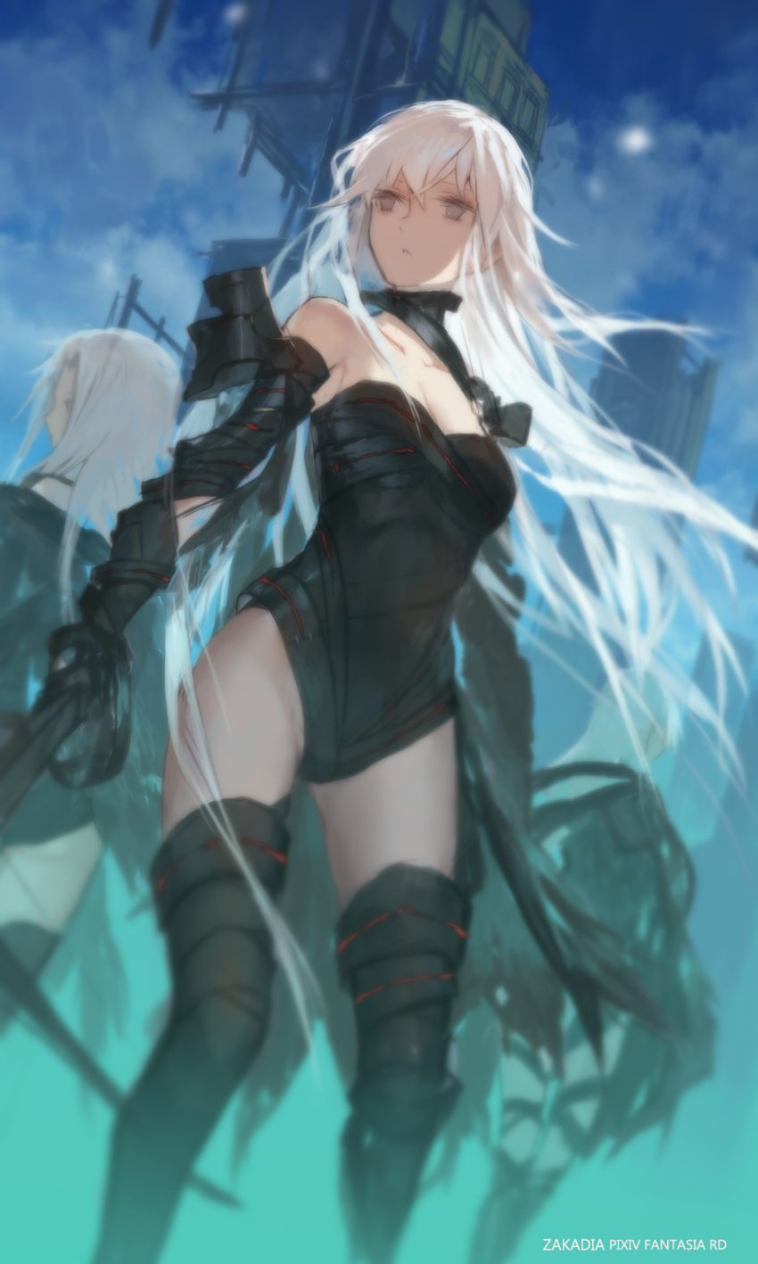 3girls black_boots black_leotard blurry boots collarbone copyright_name dutch_angle floating_hair grey_eyes hair_between_eyes highres holding holding_sword holding_weapon leotard long_hair multiple_girls outdoors parted_lips pixiv_fantasia pixiv_fantasia_revenge_of_the_darkness silver_hair strapless strapless_leotard swd3e2 sword thigh-highs thigh_boots very_long_hair weapon