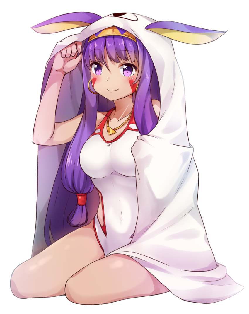 1girl arm_up blush breasts collarbone dark_skin earrings fate/grand_order fate_(series) hey_xander highres hoop_earrings jewelry large_breasts long_hair necklace nitocris_(swimsuit_assassin)_(fate) purple_hair sitting smile solo