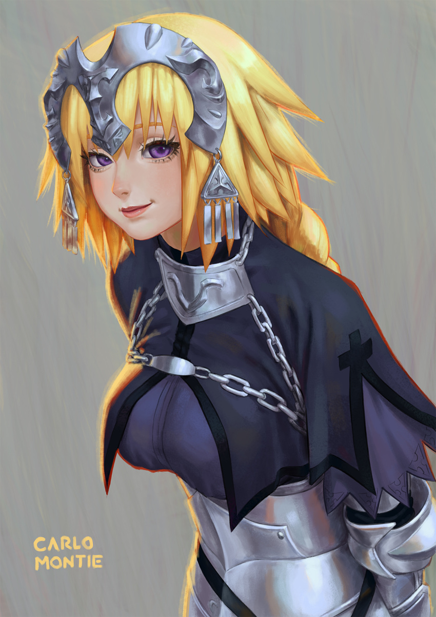 1girl armor armored_dress artist_name bangs blonde_hair blue_eyes braid breasts carlo_montie chains closed_mouth eyelashes fate/apocrypha fate_(series) gauntlets headpiece highres janne_d'arc lips long_hair medium_breasts ruler_(fate/apocrypha) single_braid smile snk solo violet_eyes yellow_eyes