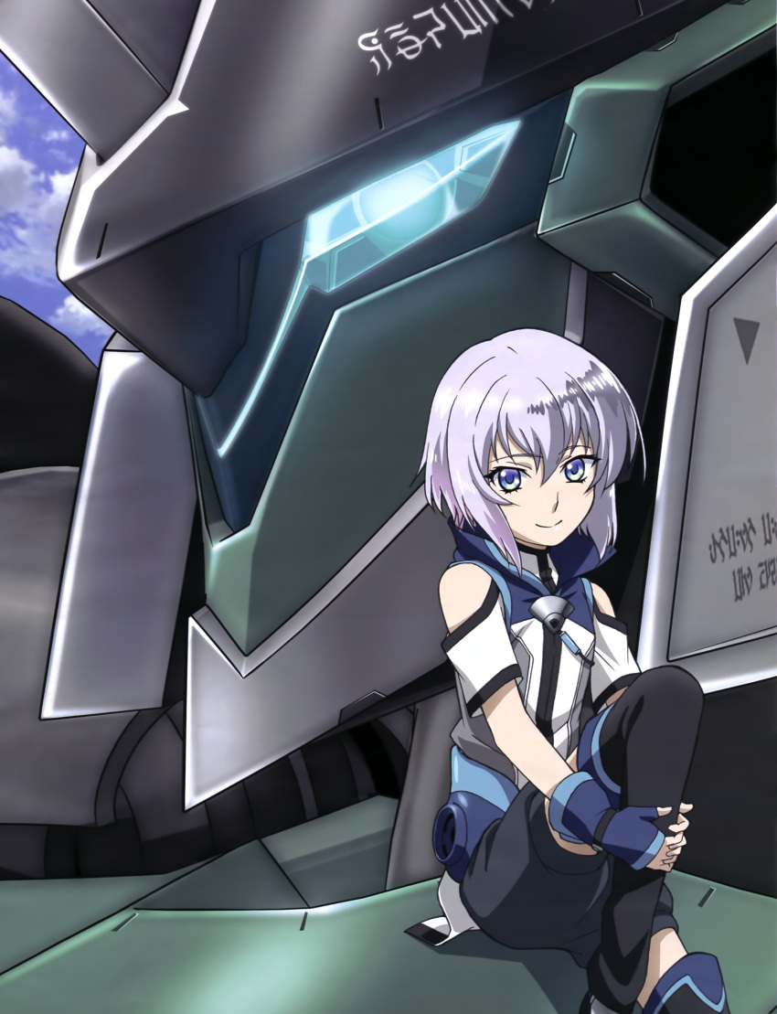 1boy absurdres androgynous black_legwear black_shorts blue_eyes blue_gloves ernesti_echevalier eyebrows_visible_through_hair fingerless_gloves gloves highres knight's_and_magic looking_at_viewer mecha outdoors short_hair shorts silver_hair sitting smile solo thigh-highs