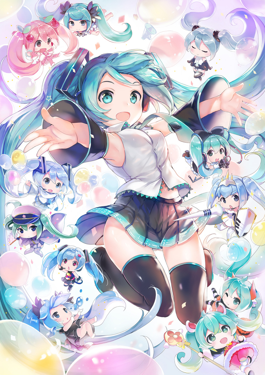 6+girls aqua_eyes aqua_hair blue_hair boots cherry_hair_ornament chibi closed_eyes detached_sleeves food_themed_hair_ornament green_hair hair_ornament hat hatsune_miku headphones highres lance long_hair miku_append multiple_girls necktie open_mouth outstretched_arms peaked_cap pink_hair polearm racing_miku sakura_miku senbon-zakura_(vocaloid) shield shinkai_shoujo_(vocaloid) sibyl skirt tell_your_world_(vocaloid) thigh-highs thigh_boots twintails very_long_hair vocaloid vocaloid_append weapon yuki_miku