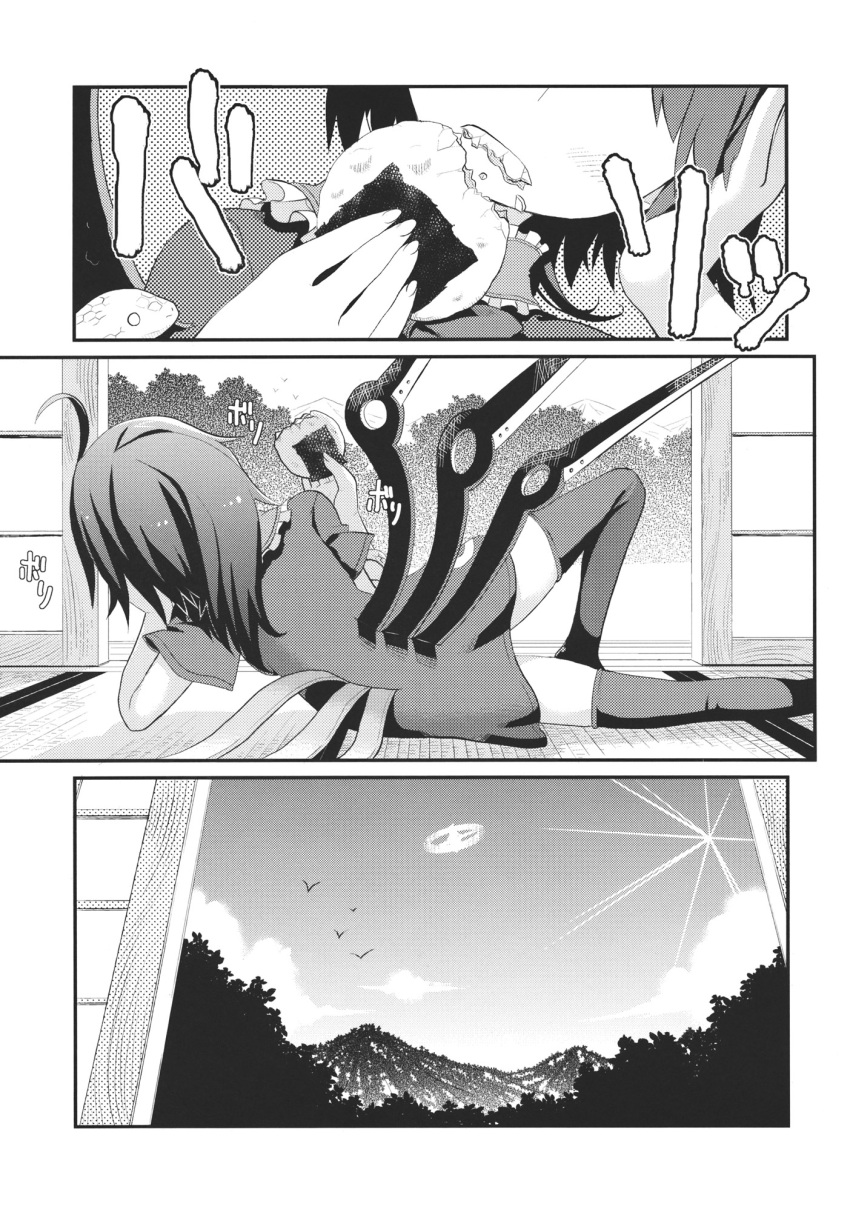 1girl asymmetrical_wings comic dress greyscale highres houjuu_nue monochrome ooide_chousuke senbei socks space_station touhou wings