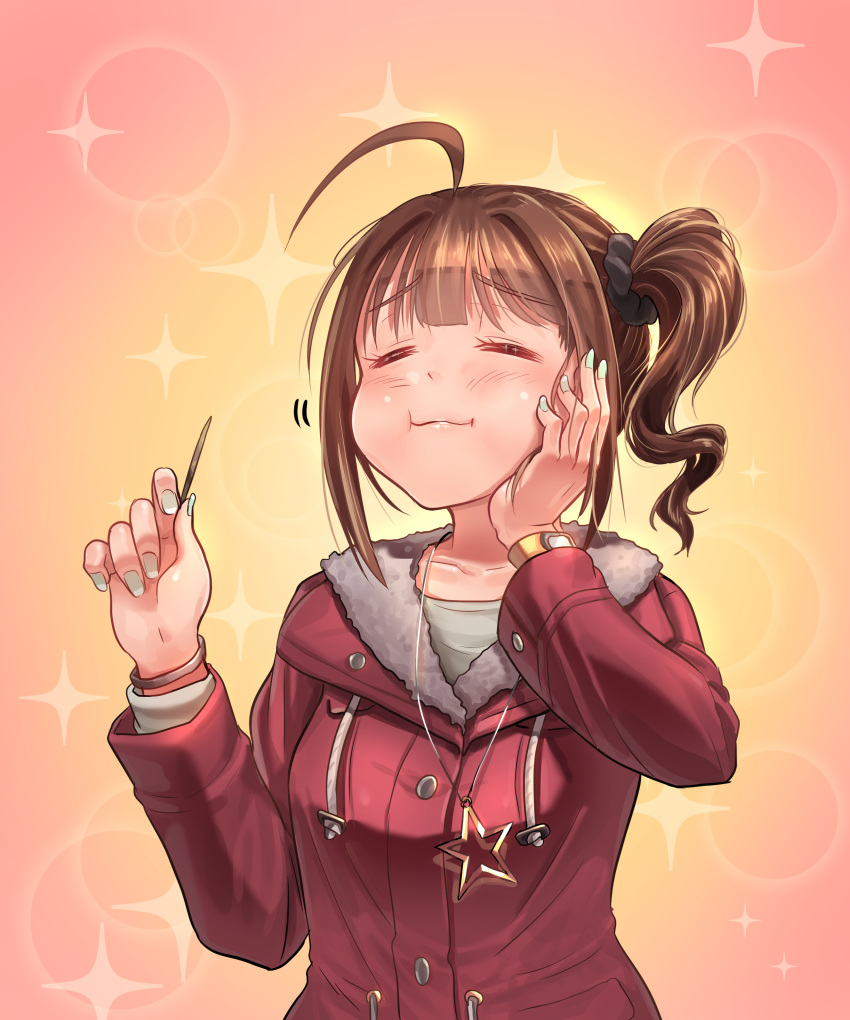 10s 1girl absurdres ahoge blush brown_hair closed_eyes closed_mouth coat collarbone drill_hair eyebrows_visible_through_hair facing_viewer foodgasm green_nails hand_on_own_face highres idolmaster idolmaster_million_live! kamille_(vcx68) nail_polish short_hair smile solo toothpick yokoyama_nao