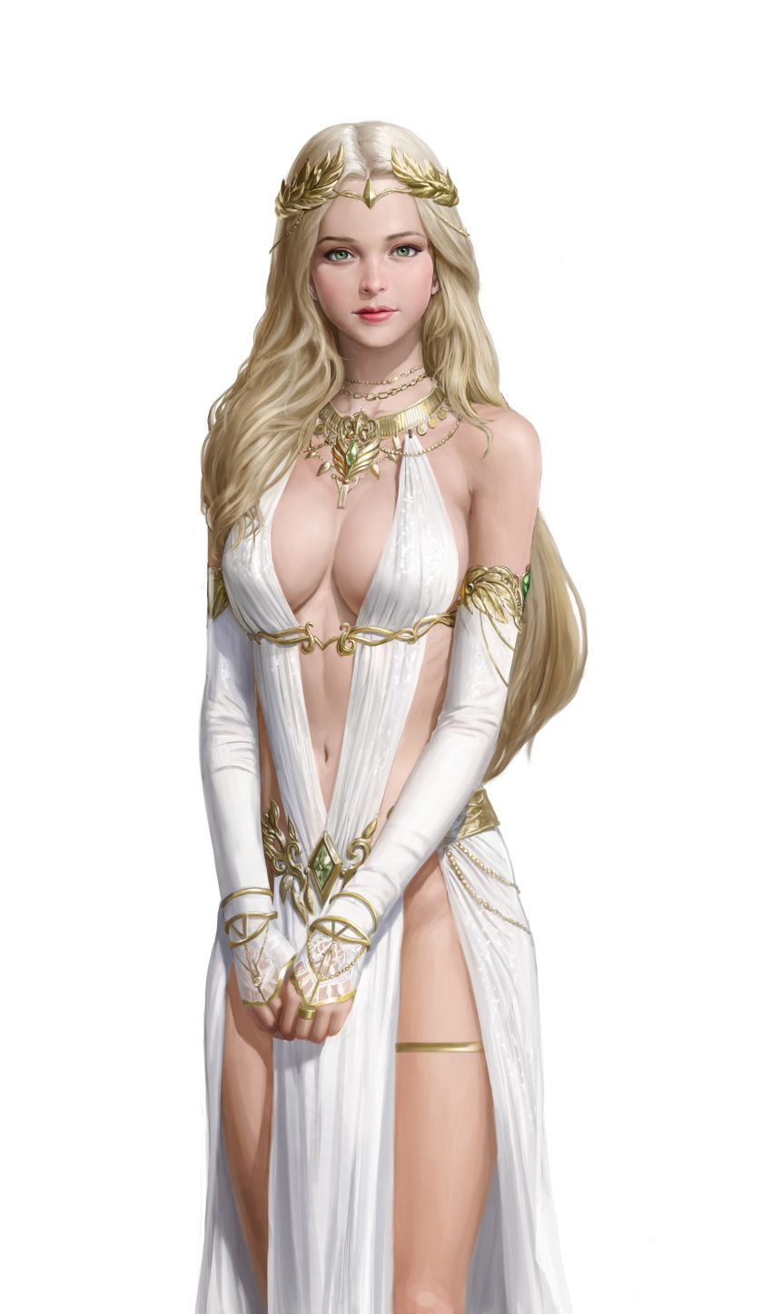 1girl absurdres amulet bare_shoulders belt blonde_hair breasts chains closed_mouth cowboy_shot dress elbow_gloves fingerless_gloves gloves gold_chain green_eyes highres jewelry laurel_crown long_hair looking_at_viewer medium_breasts navel nornear ring simple_background solo standing thighlet white_dress white_gloves yongwon_park